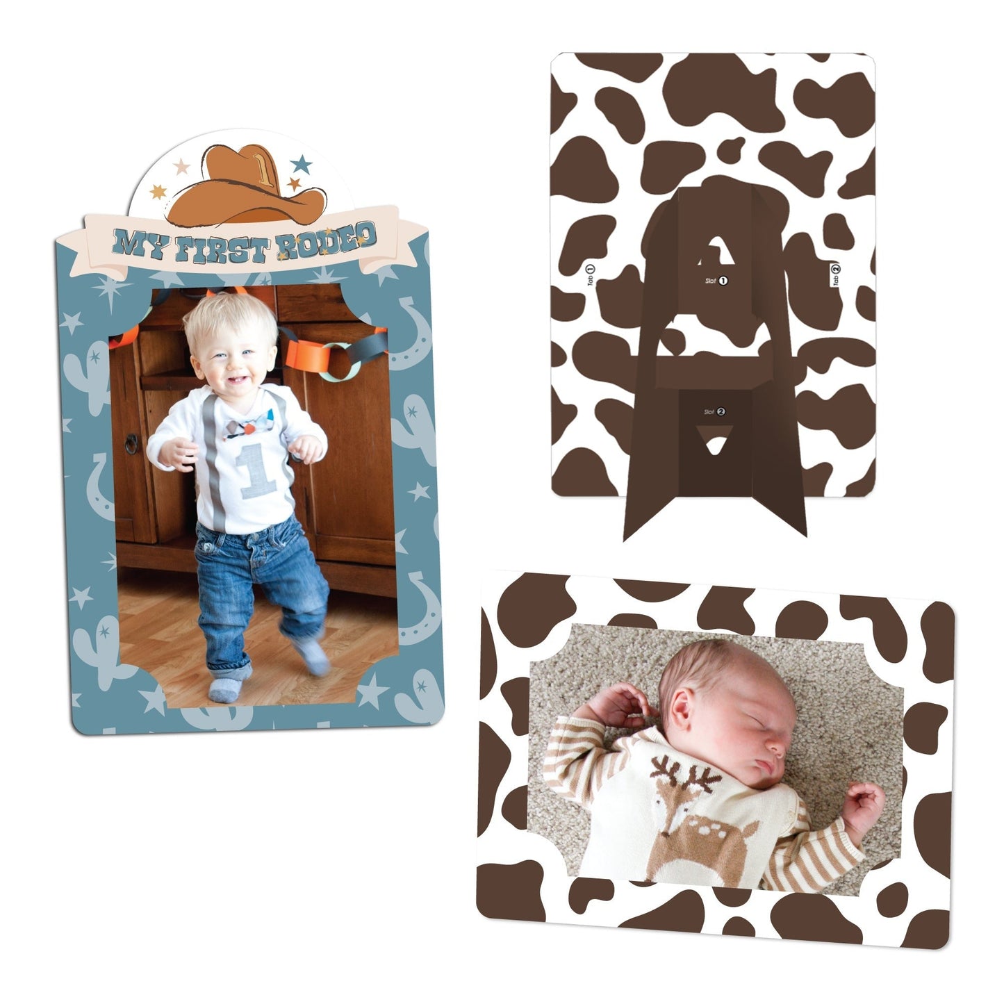 My First Rodeo - Little Cowboy 1st Birthday Party 4x6 Picture Display - Paper Photo Frames - Set of 12