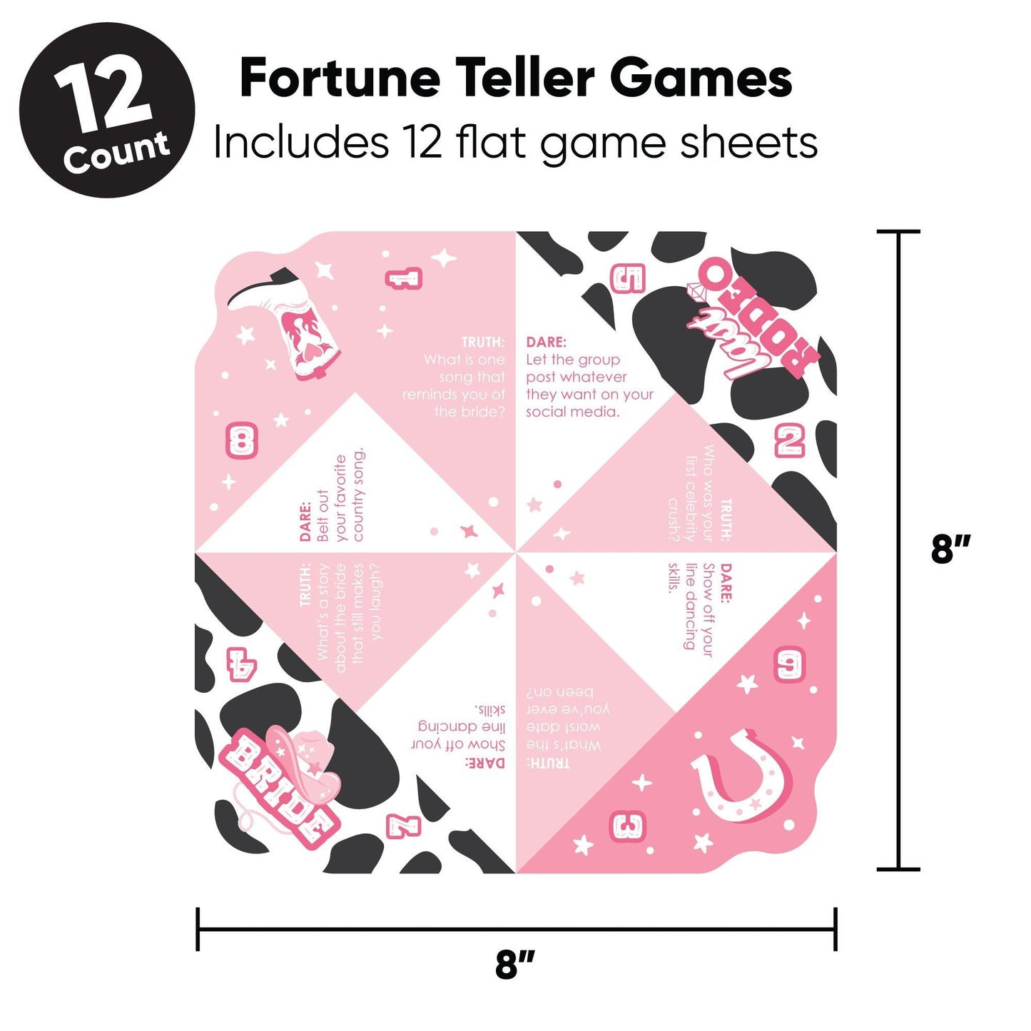 Last Rodeo - Pink Cowgirl Bachelorette Party Cootie Catcher Game - Truth or Dare Fortune Tellers - Set of 12
