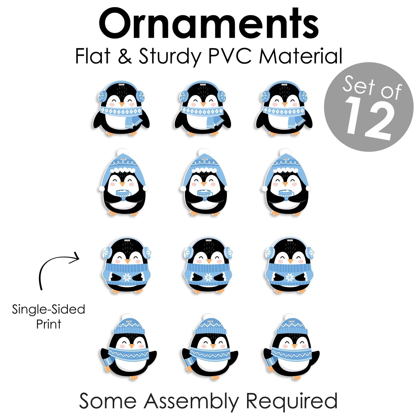 Winter Penguins - Holiday and Christmas Decorations - Christmas Tree Ornaments - Set of 12