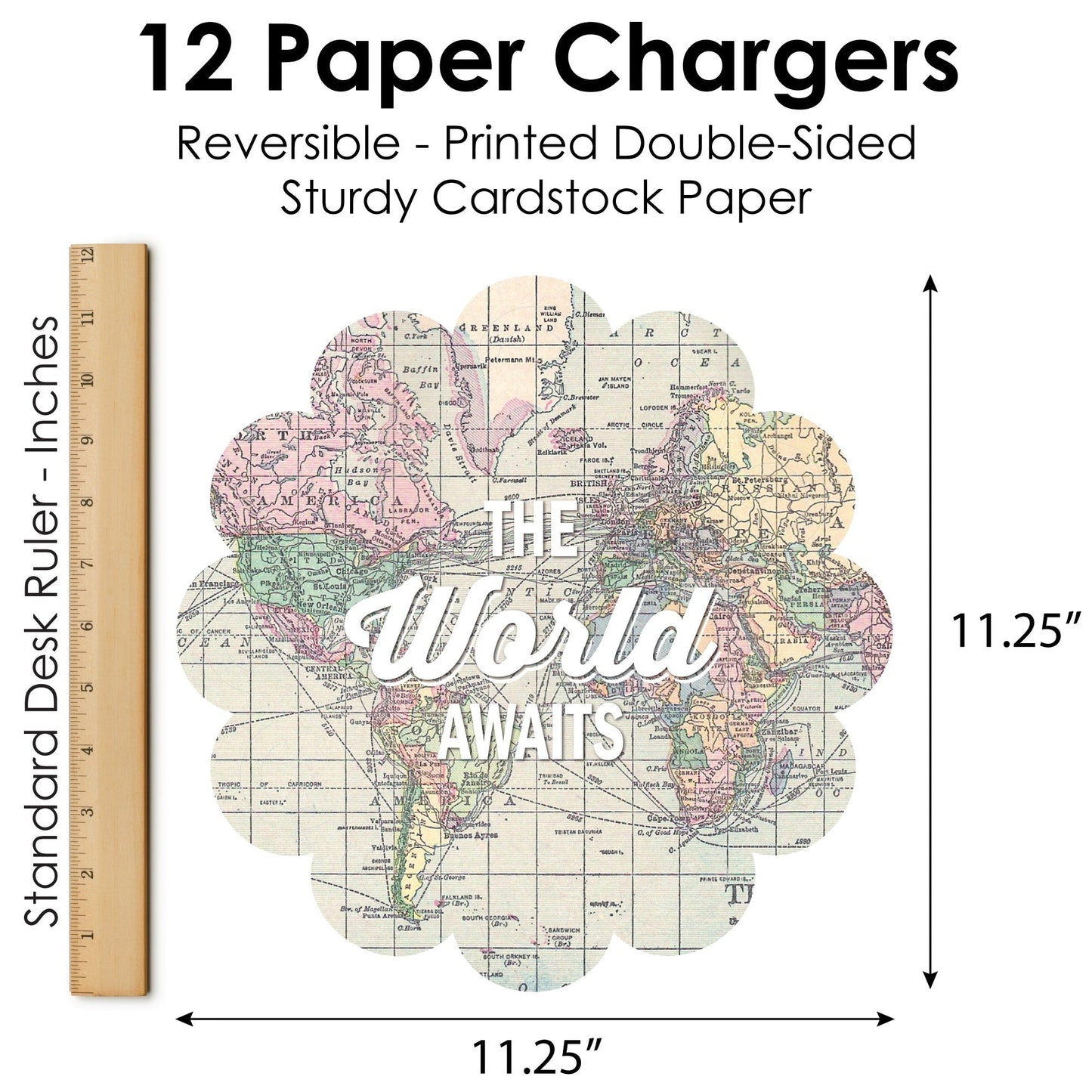 World Awaits - Travel Themed Party Round Table Decorations - Paper Chargers - Place Setting For 12