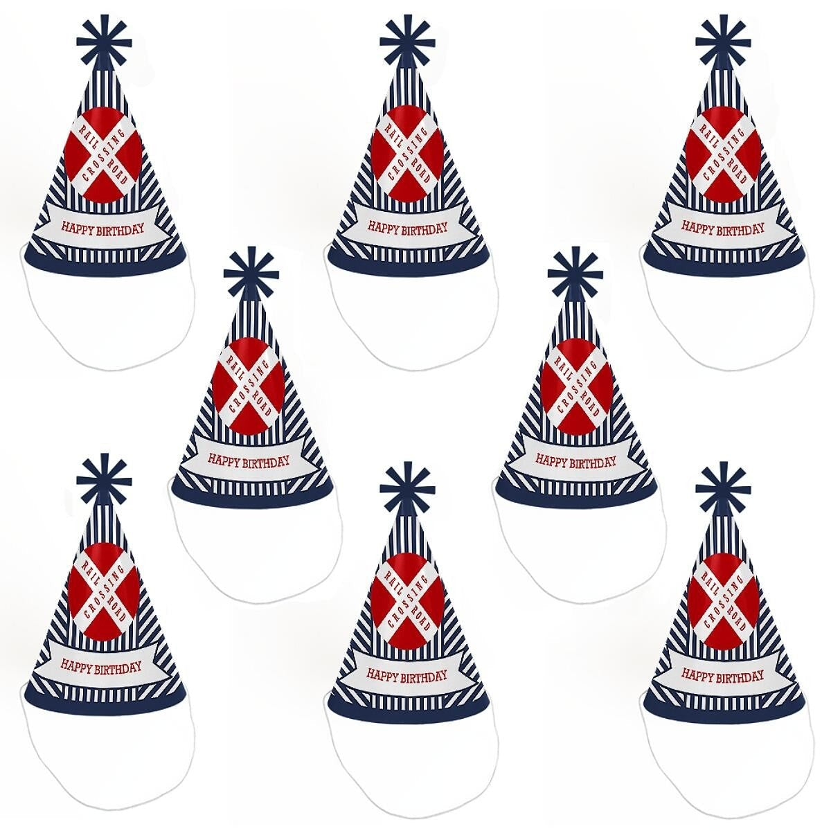 Railroad Party Crossing - Steam Train Cone Happy Birthday Party Hats for Kids and Adults - Set of 8 (Standard Size)