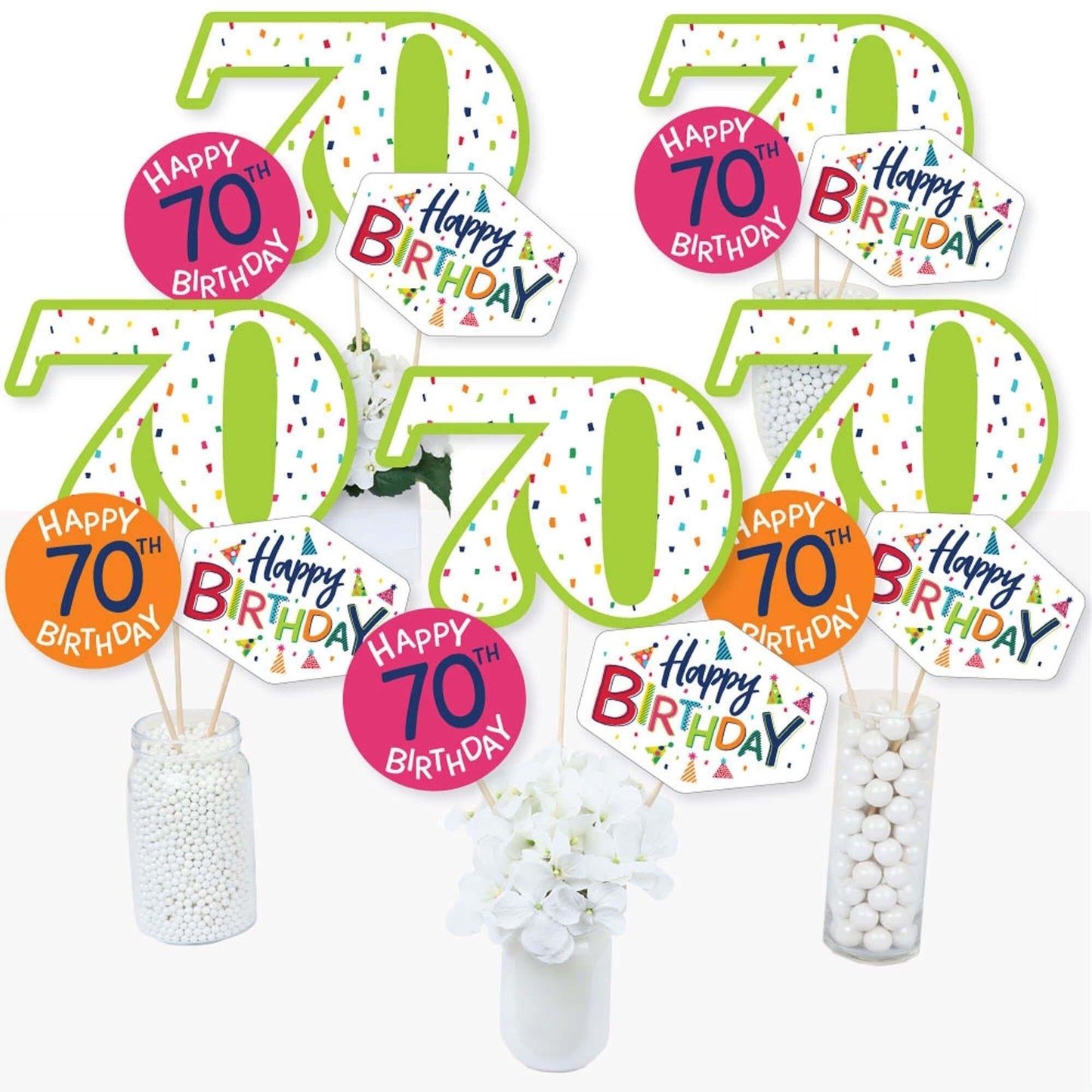 70th Birthday - Cheerful Happy Birthday - Colorful Seventieth Birthday Party Centerpiece Sticks - Table Toppers - Set of 15