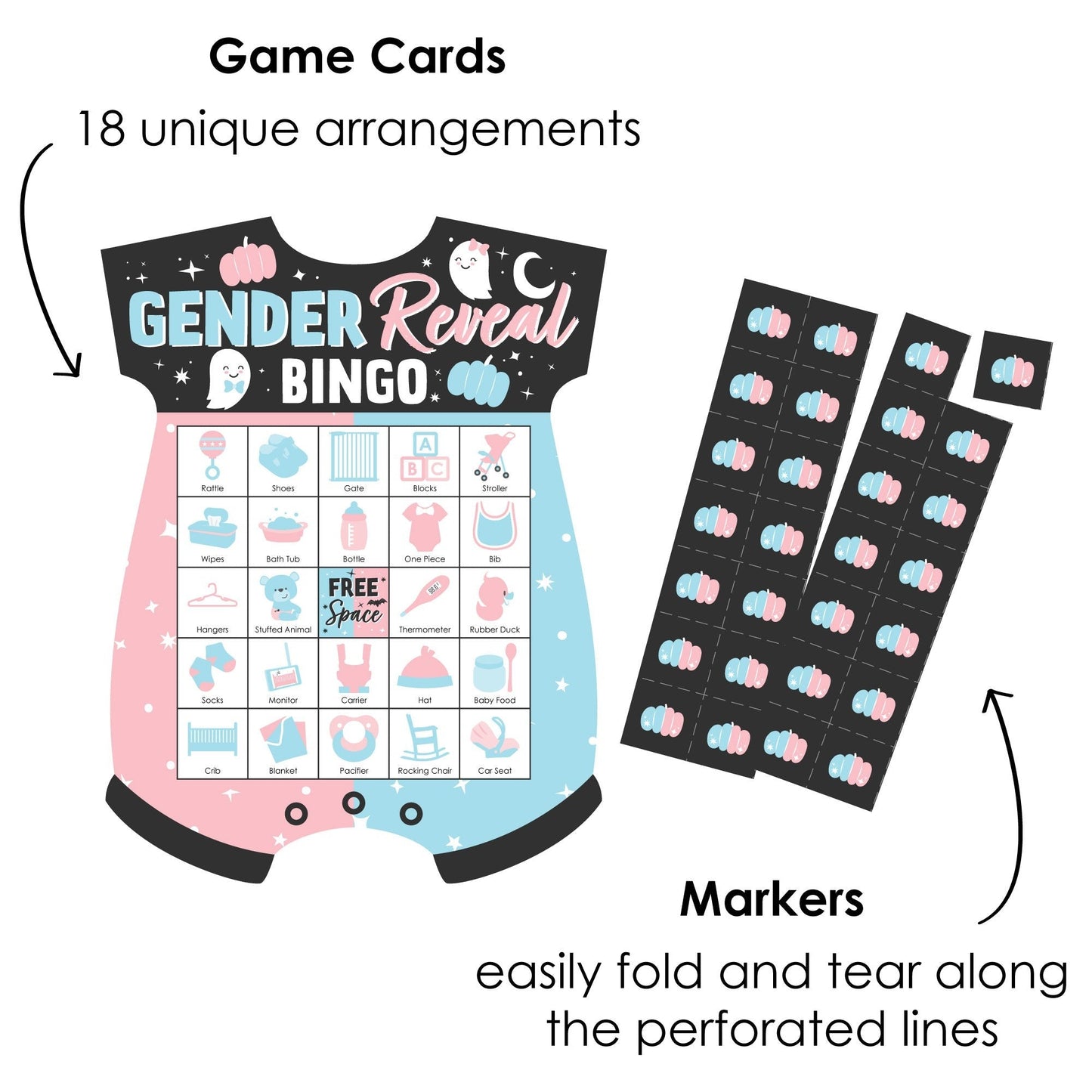 Boo-y or Ghoul - Picture Bingo Cards and Markers - Halloween Gender Reveal Party Shaped Bingo Game - Set of 18