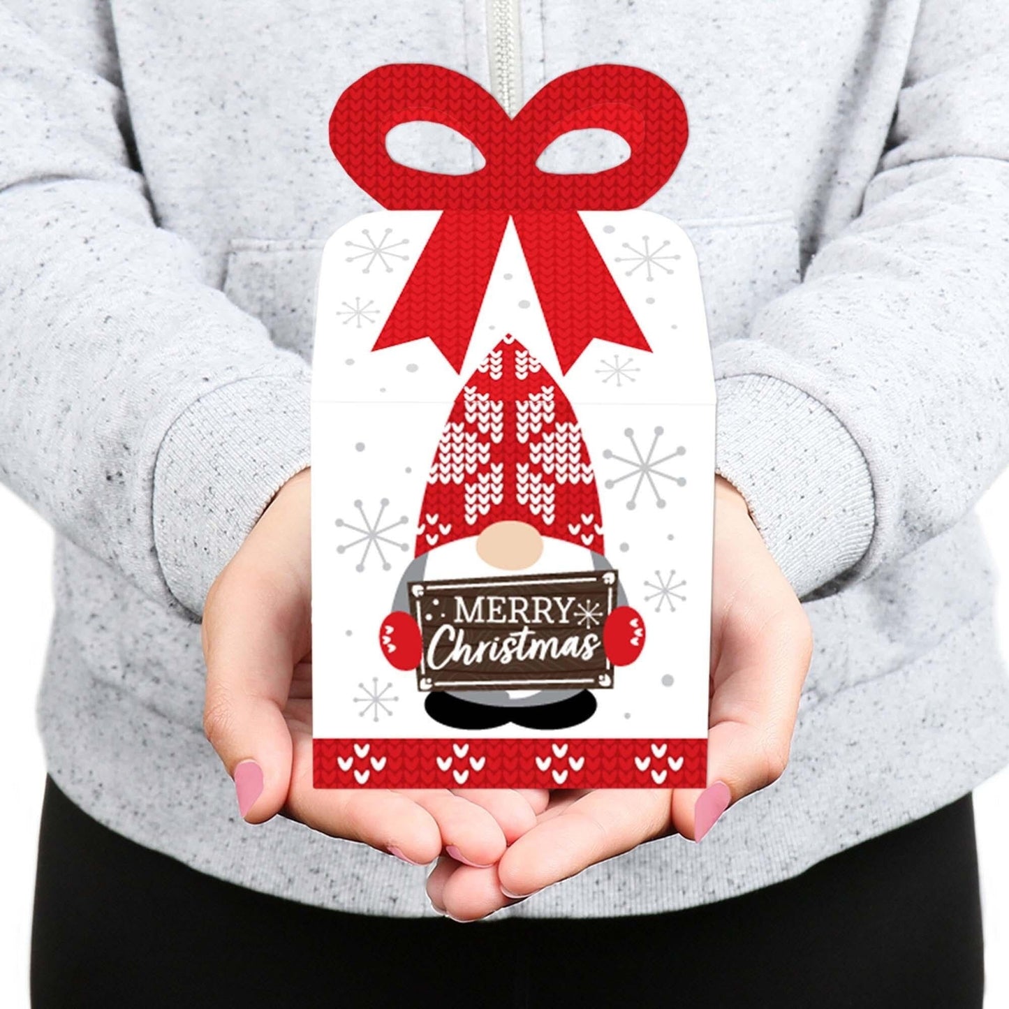 Christmas Gnomes - Square Favor Gift Boxes - Holiday Party Bow Boxes - Set of 12
