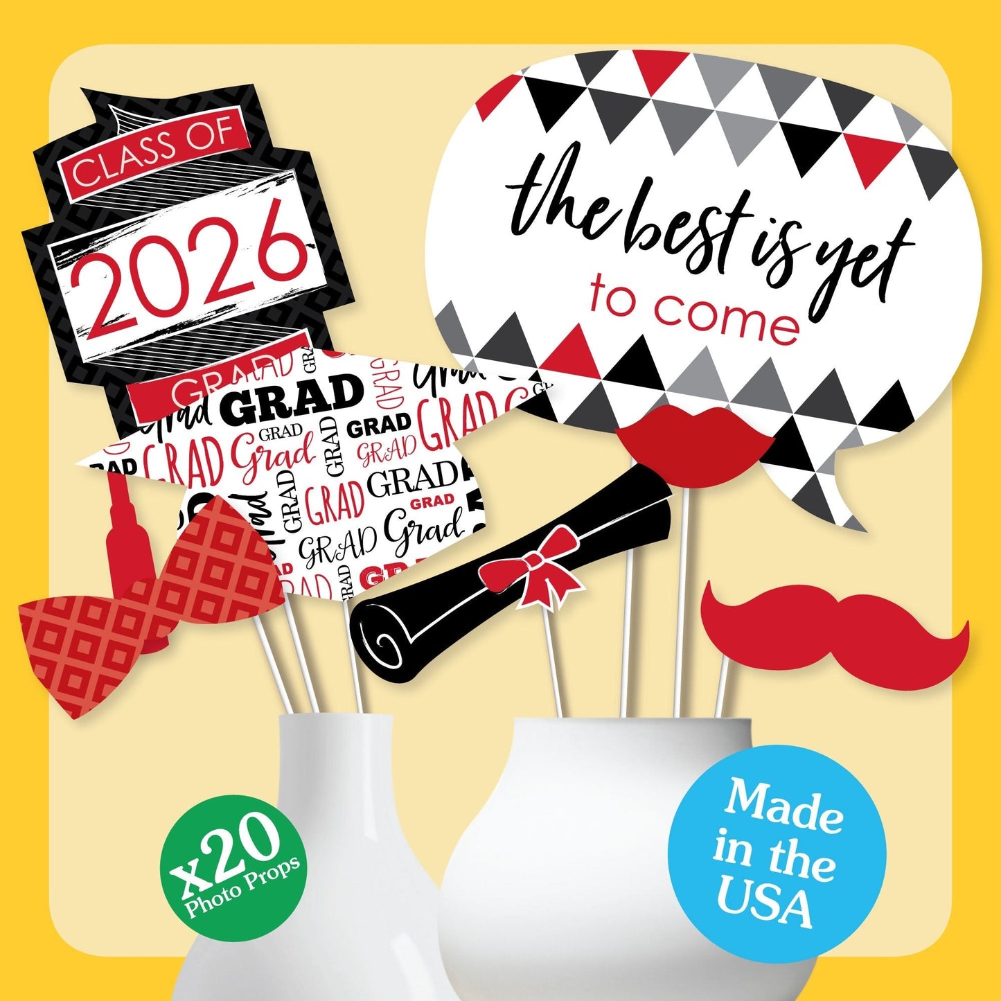 Red Grad - 2026 Graduation Party Photo Booth Props Kit - 20 Count