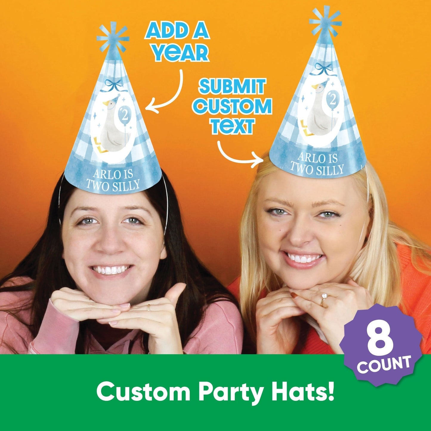 Custom Text One Silly Goose Blue Cone Hat - 8 Ct