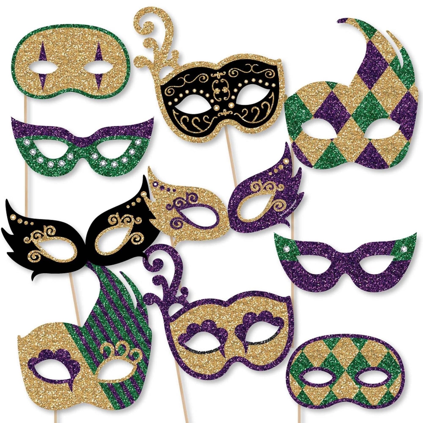 Mardi Gras Masks - 10 Piece Paper Card Stock Mardi Gras Glasses and Masks Photo Booth Props Kit