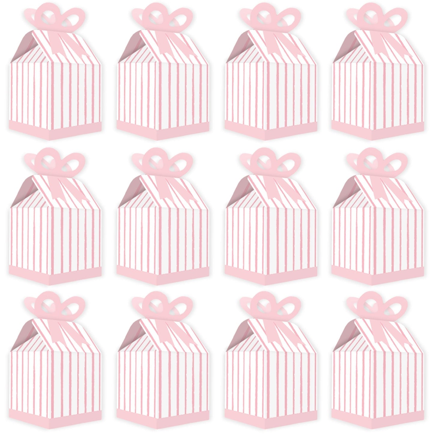 Pink Stripes - Square Favor Gift Boxes - Simple Party Bow Boxes - Set of 12