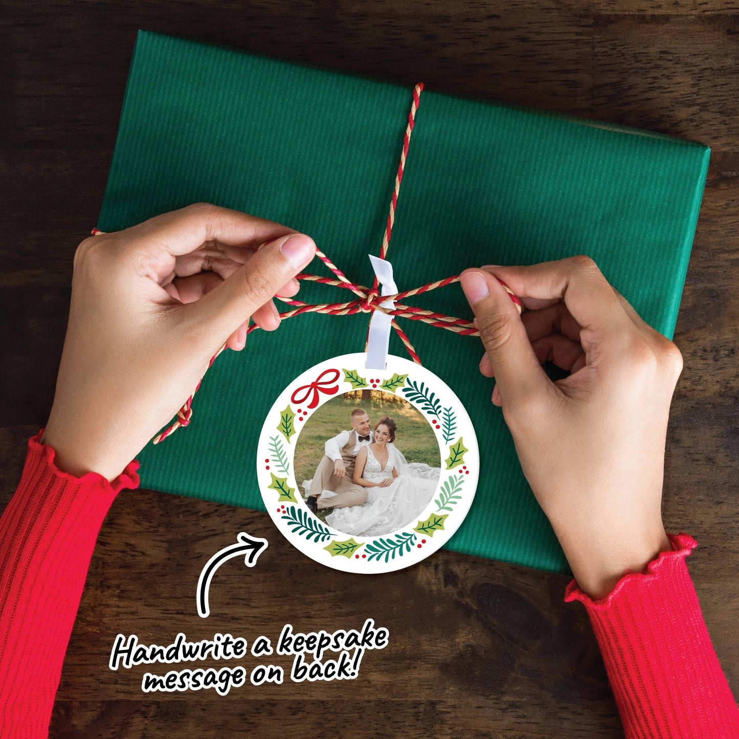 Custom Photo Holiday Wreath Tree Ornaments - 12 Ct