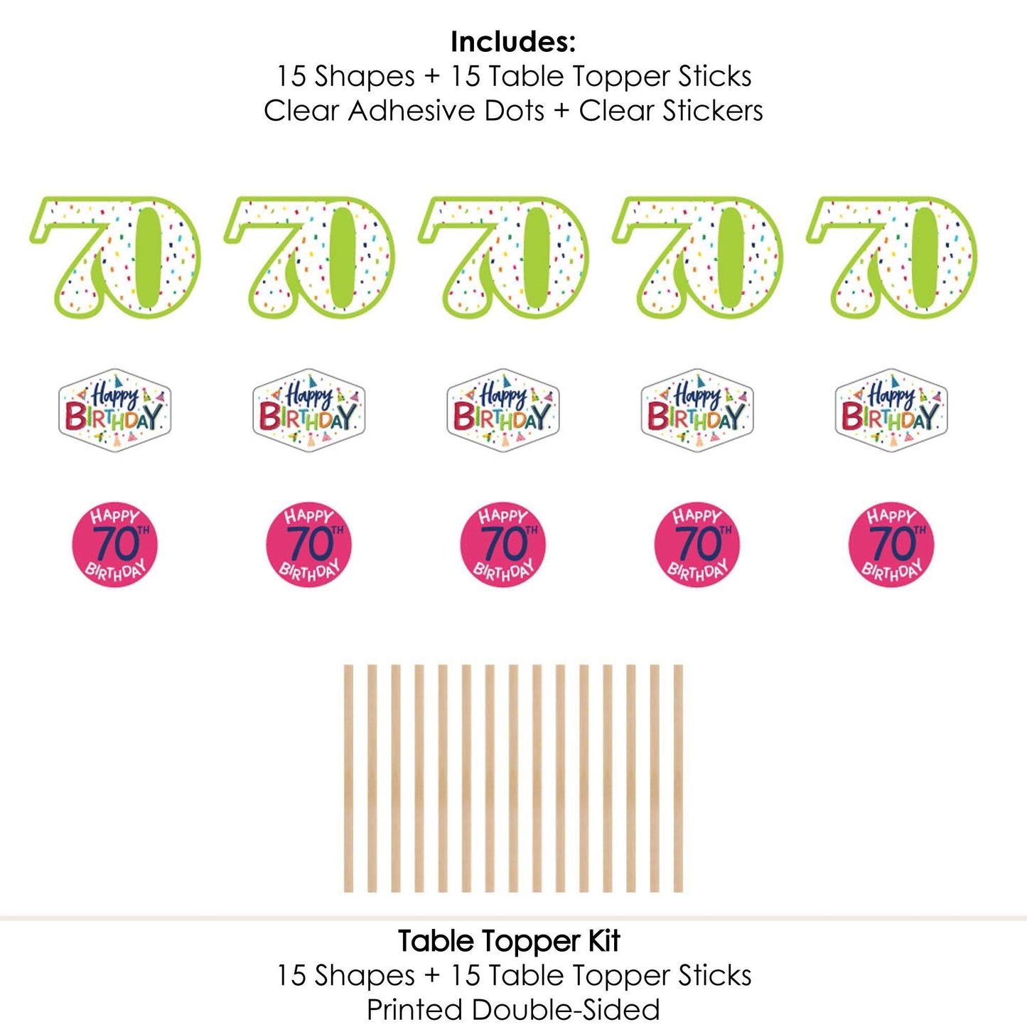 70th Birthday - Cheerful Happy Birthday - Colorful Seventieth Birthday Party Centerpiece Sticks - Table Toppers - Set of 15