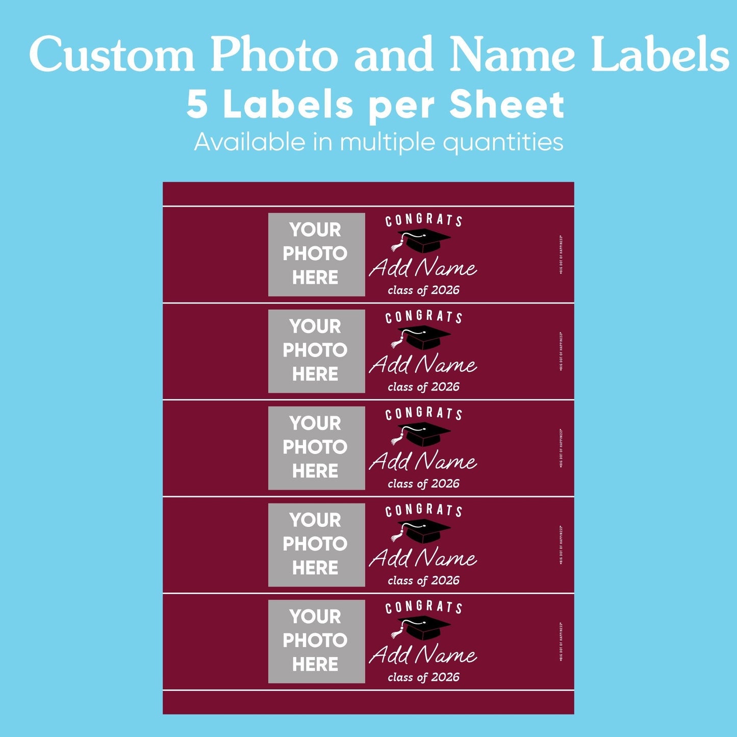 Custom Photo Maroon Graduation Water Bottle Labels