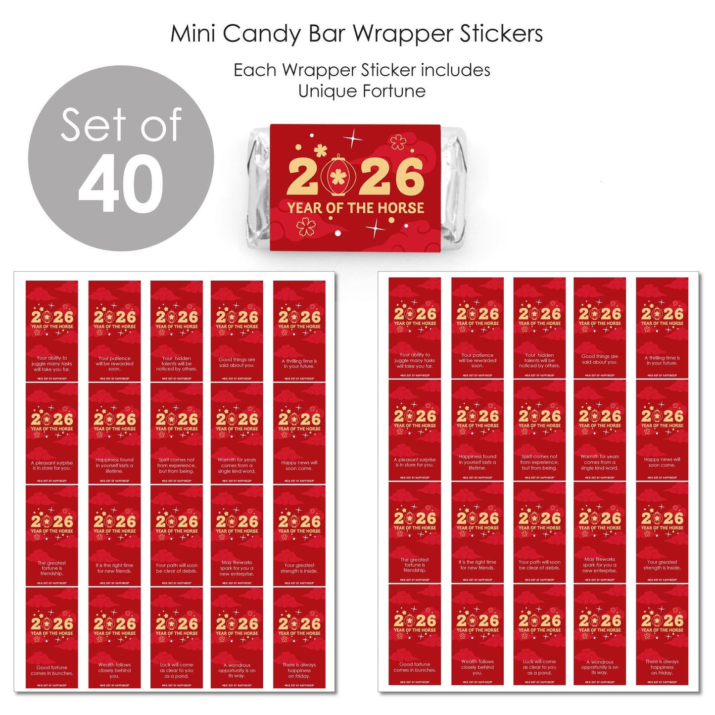 Lunar New Year - Fortune Mini Candy Bar Wrapper Stickers - 2026 Year of the Horse Small Favors - 40 Count