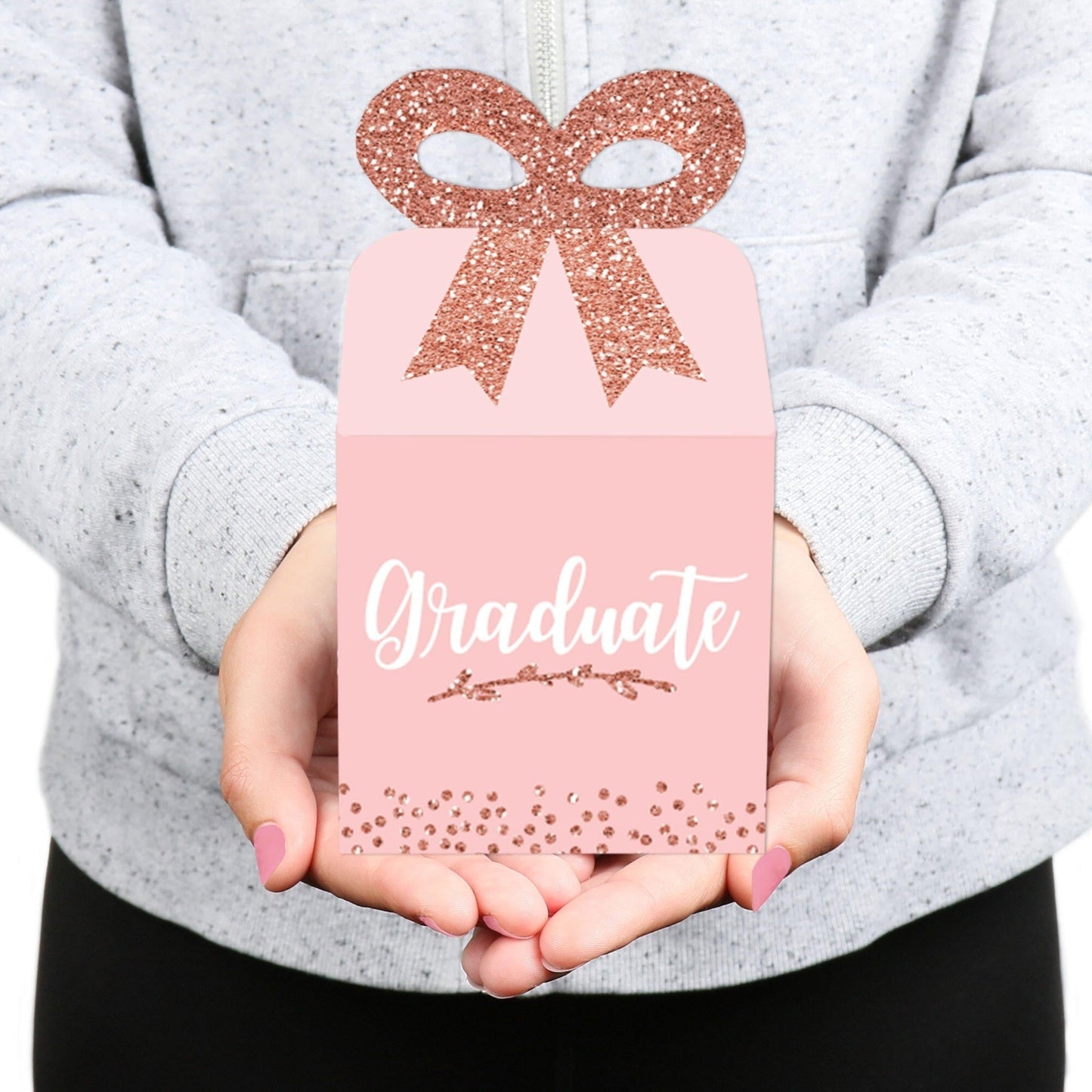 Rose Gold Grad - Square Favor Gift Boxes - Graduation Party Bow Boxes - Set of 12