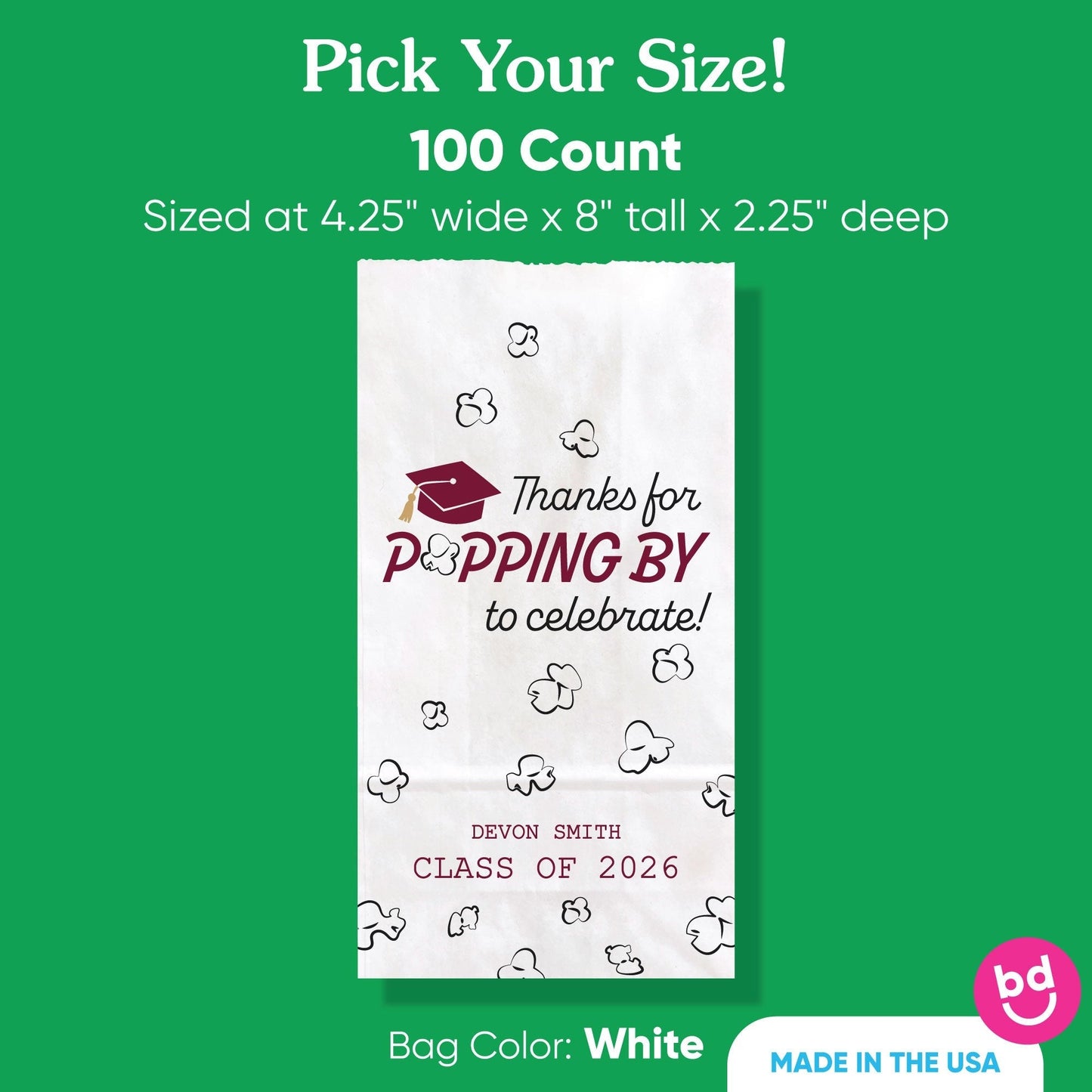Custom Text Popcorn Bags - Maroon Grad - 100 Ct
