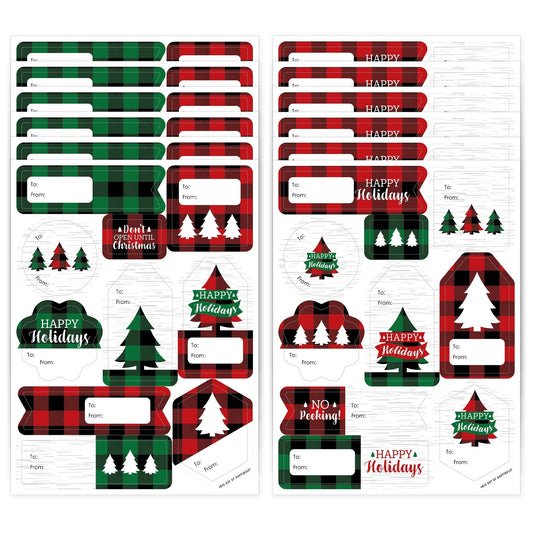Holiday Plaid Trees - Assorted Buffalo Plaid Christmas Party Gift Tag Labels - To and From Stickers - 12 Sheets - 120 Stickers