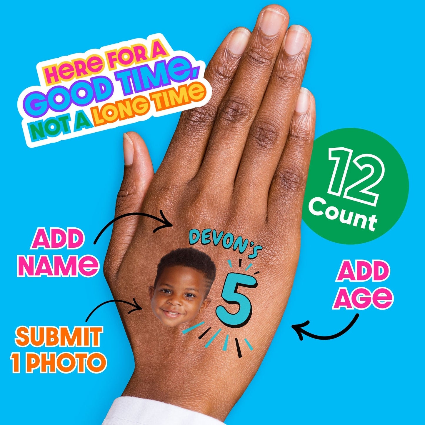 Custom Face Blue Birthday Age Temporary Tattoos - 12 Ct