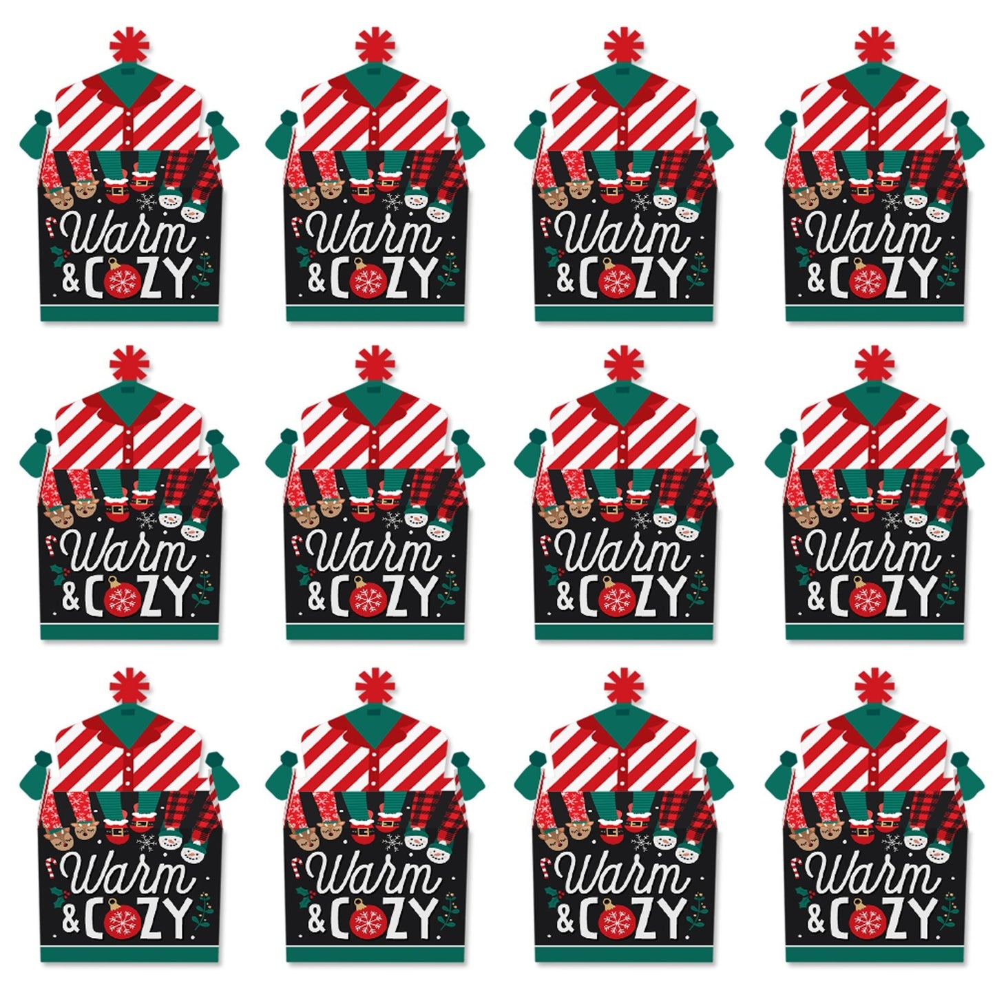 Christmas Pajamas - Treat Box Party Favors - Holiday Plaid PJ Party Goodie Gable Boxes - Set of 12