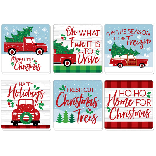 Merry Little Christmas Tree - Funny Red Truck and Car Christmas Party Decorations - Drink Coasters - Set of 6