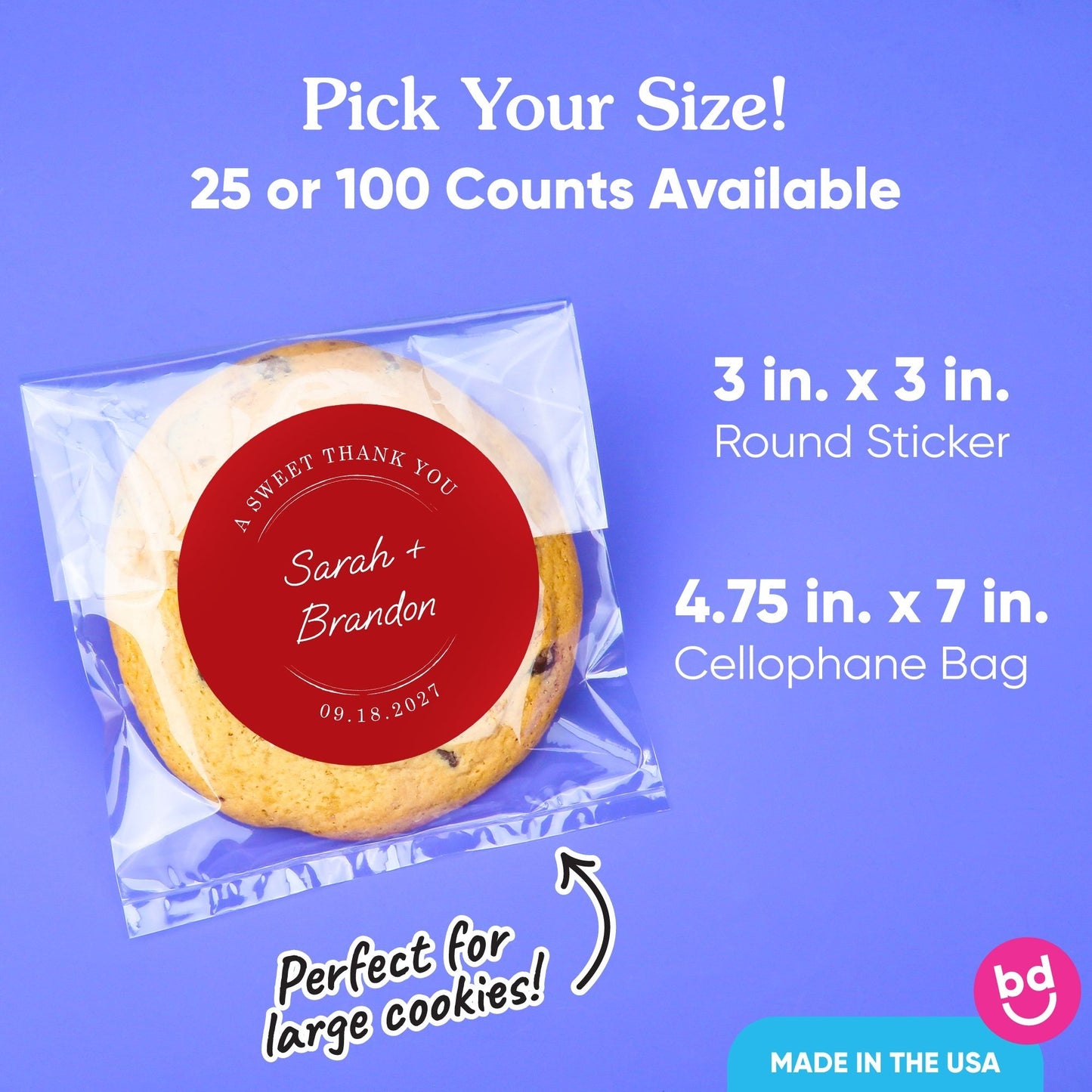 Custom Text Stickers & Clear Cookie Bags - Cherry Red Thank You