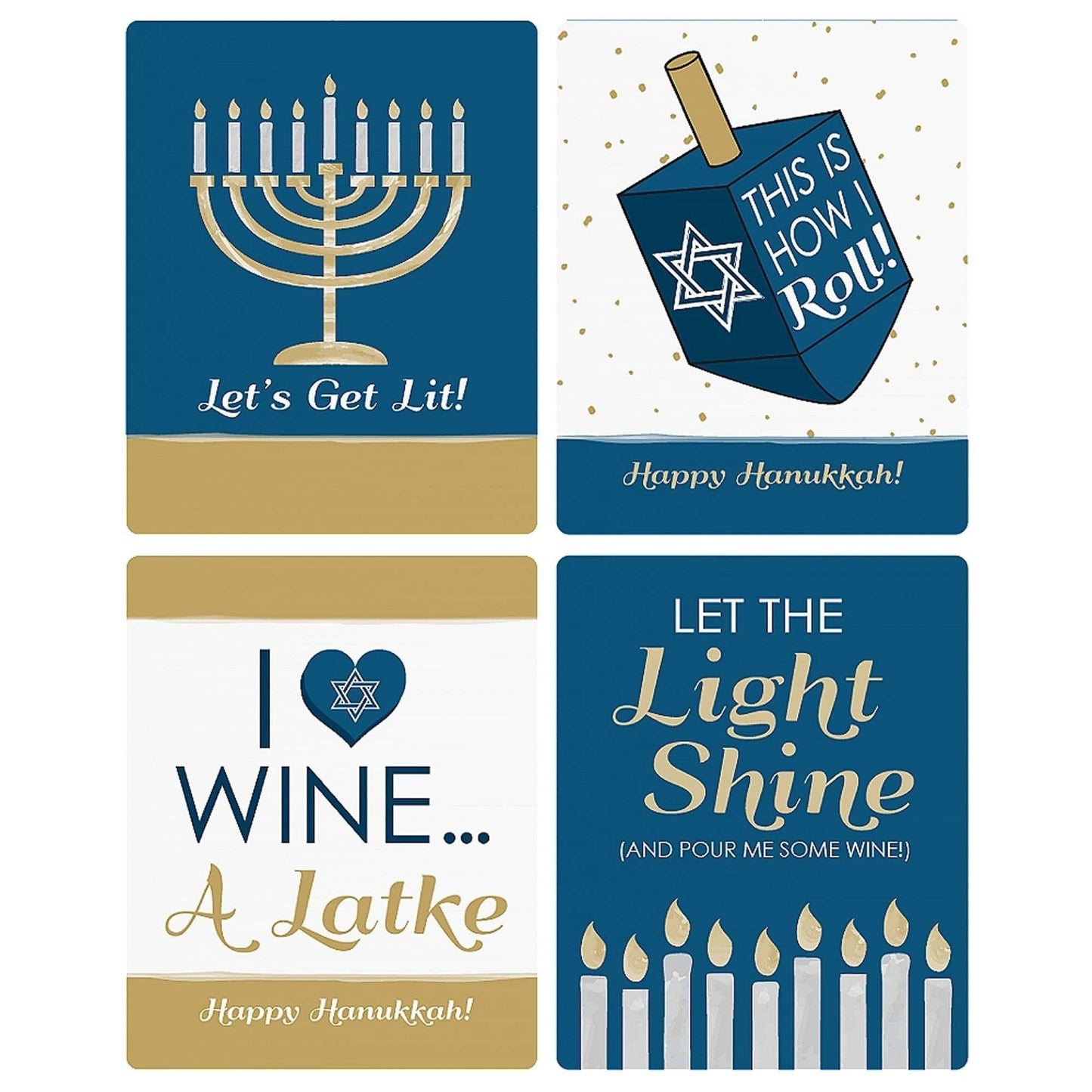 Happy Hanukkah - Chanukah Decorations for Women and Men - Wine Bottle Label Stickers - Set of 4