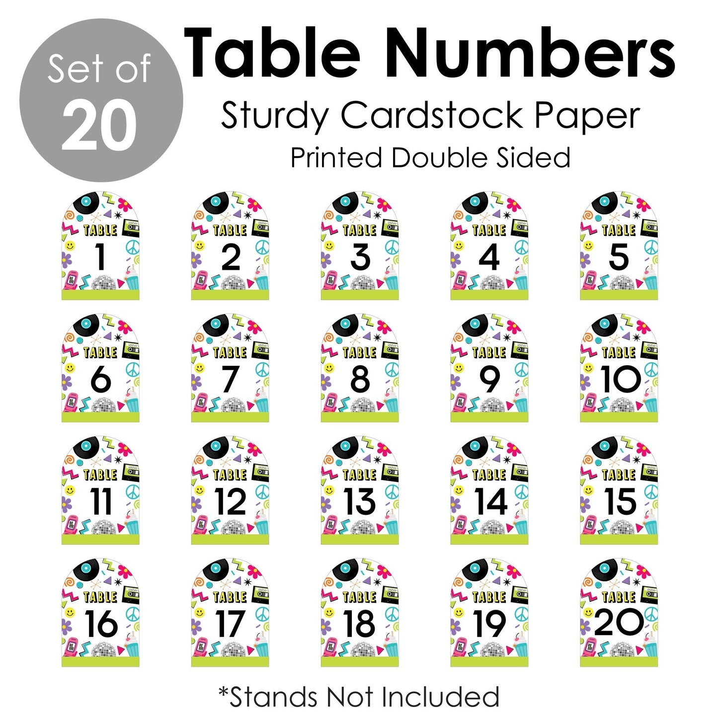 Through the Decades - 50s, 60s, 70s, 80s, and 90s Party Double-Sided 5 x 7 inches Cards - Table Numbers - 1-20