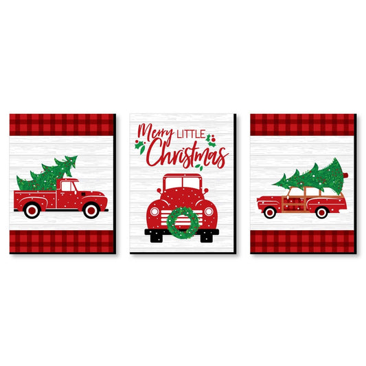 Merry Little Christmas Tree - Christmas Wall Art and Holiday Decorations - 7.5 x 10 inches - Set of 3 Prints