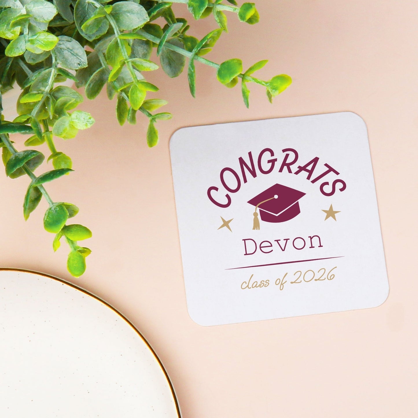 Custom Text Coasters - Maroon Graduation - 100 Ct