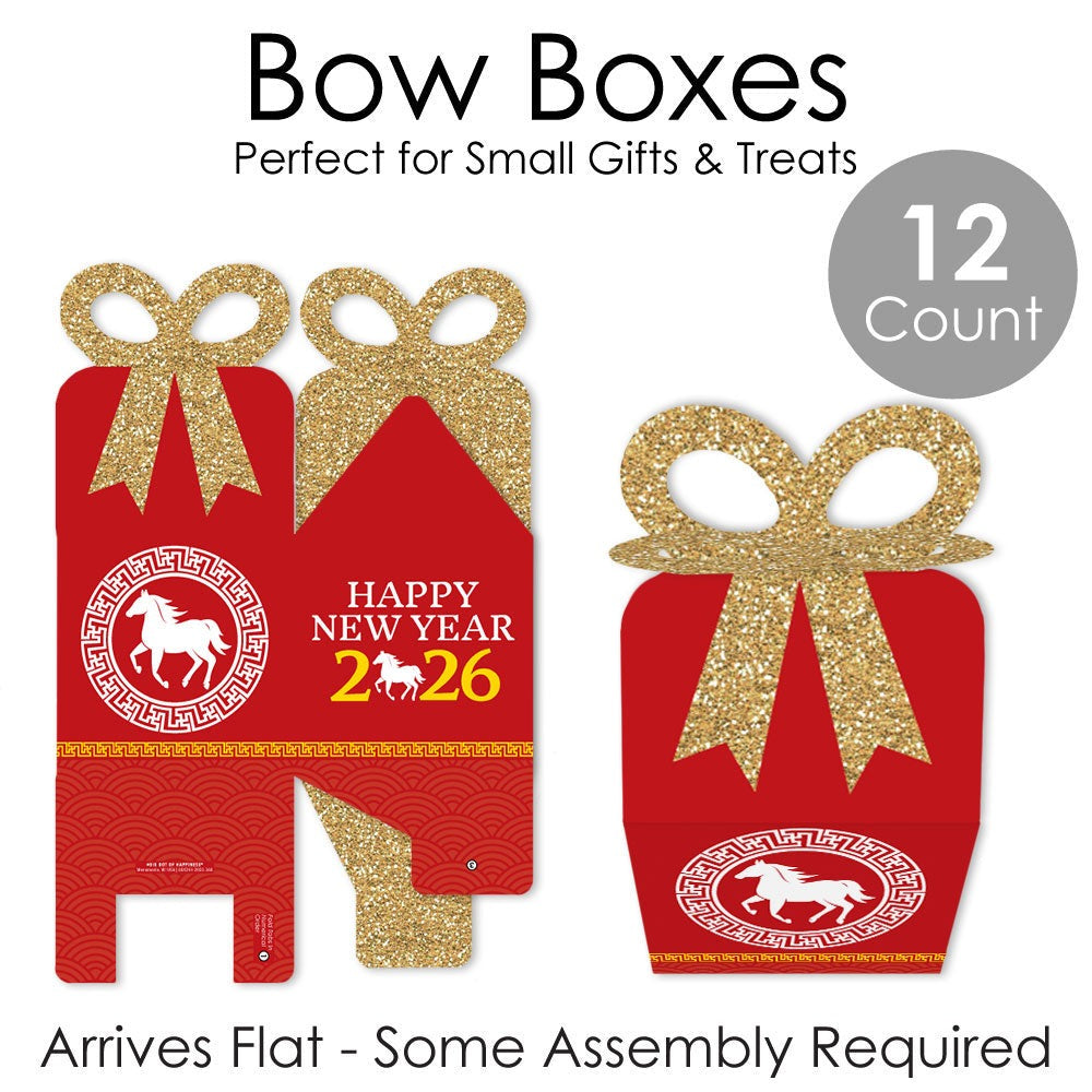 Chinese New Year - Square Favor Gift Boxes - 2026 Year of the Horse Bow Boxes - Set of 12