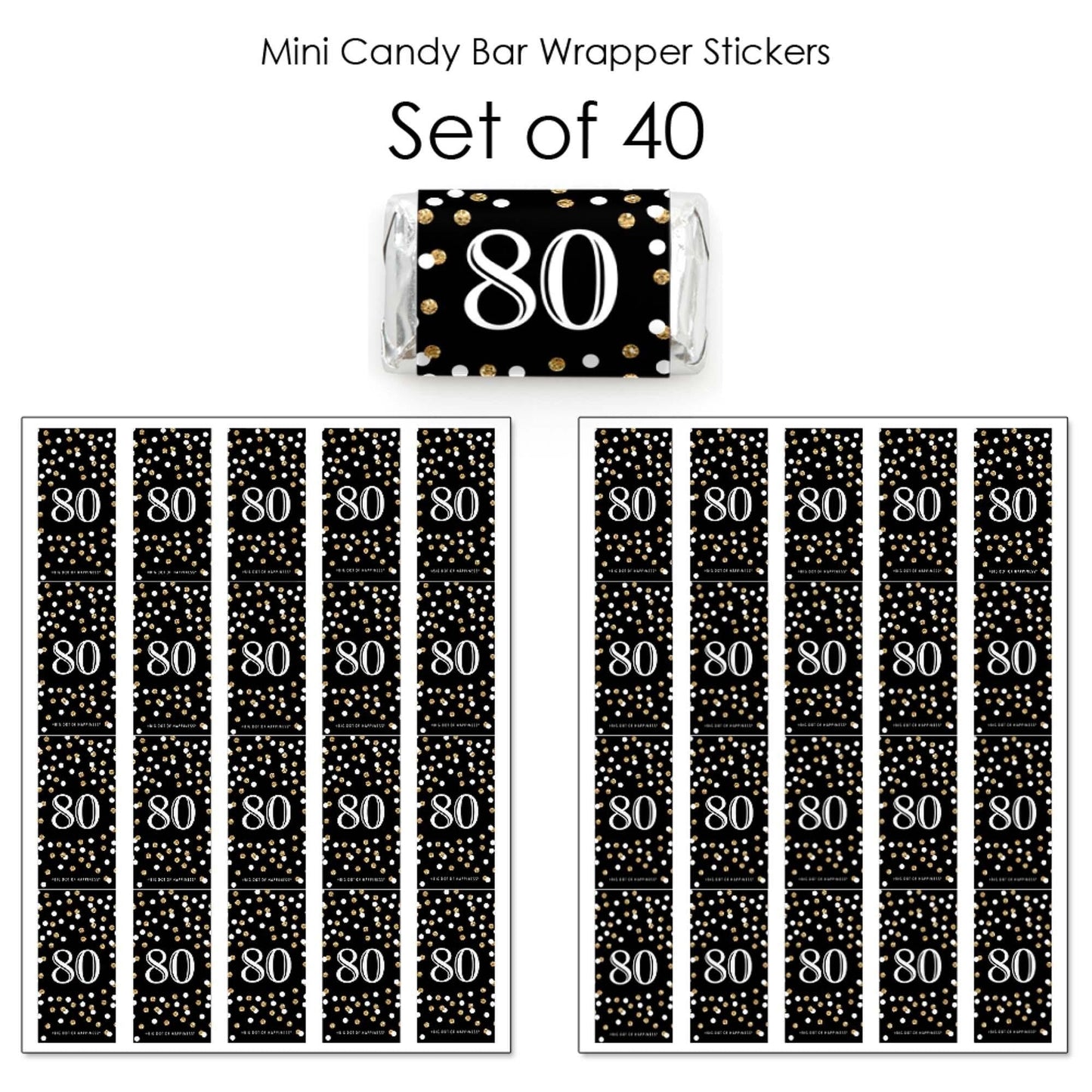 Adult 80th Birthday - Gold - Mini Candy Bar Wrapper Stickers - Birthday Party Small Favors - 40 Count