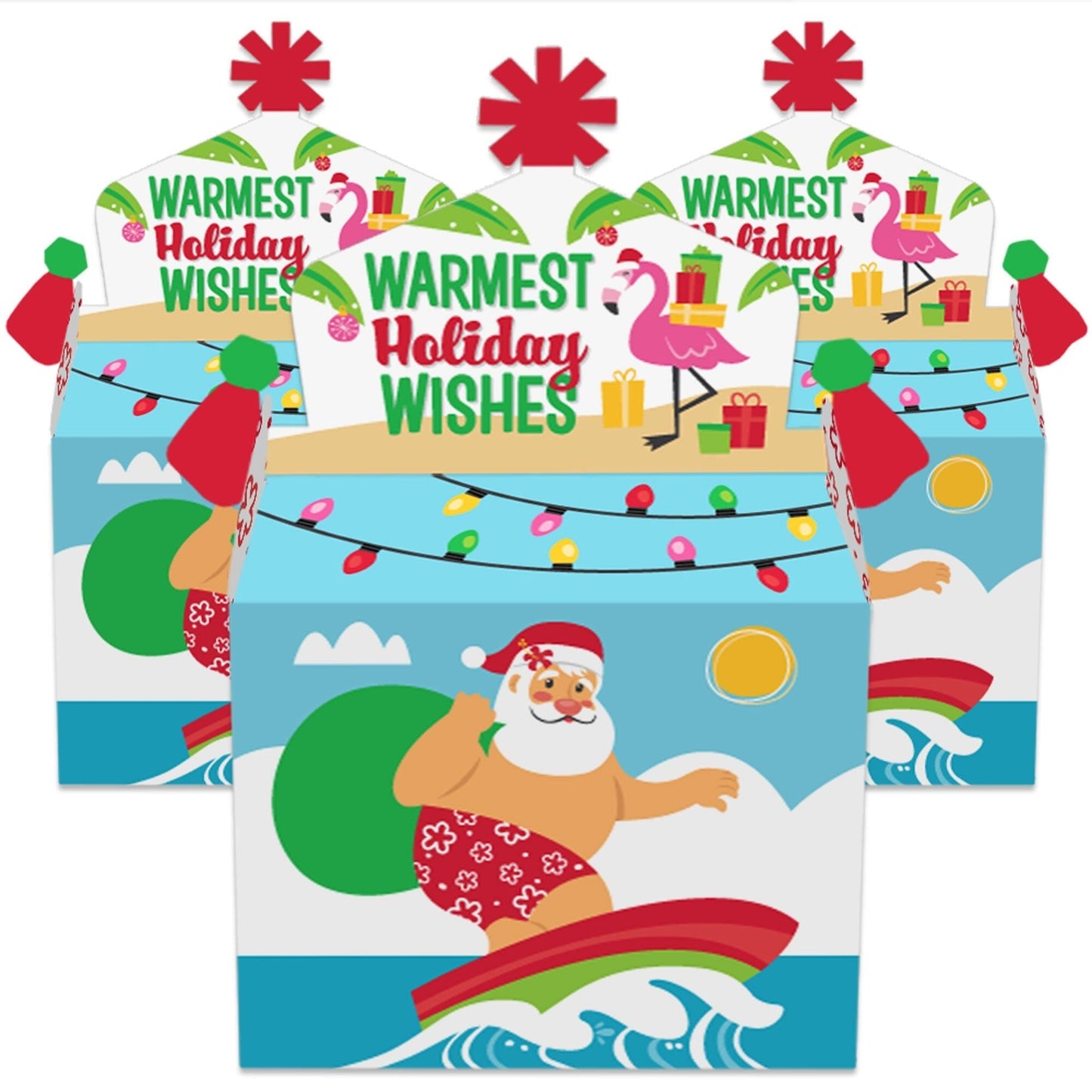 Tropical Christmas - Treat Box Party Favors - Beach Santa Holiday Party Goodie Gable Boxes - Set of 12