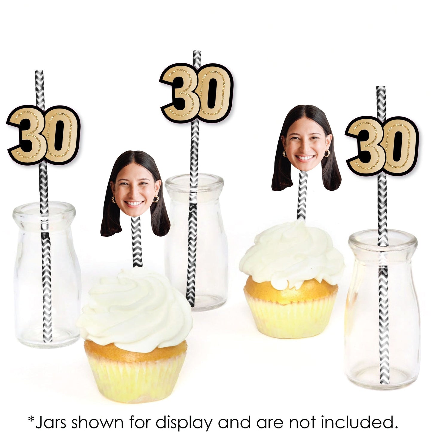 Custom 30th Birthday Face Cutout Straw Decor - 24 Ct