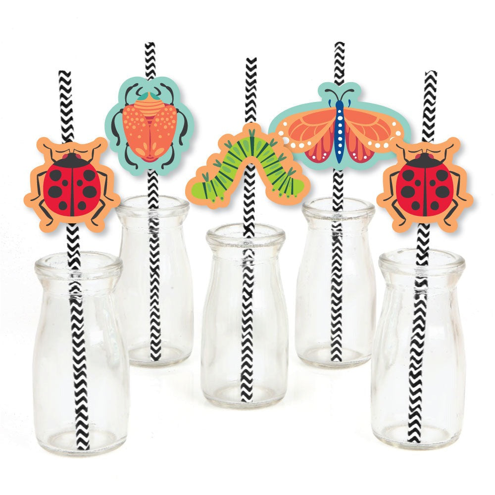 Buggin' Out - Paper Straw Decor - Bugs Birthday Party Striped Decorative Straws - Set of 24