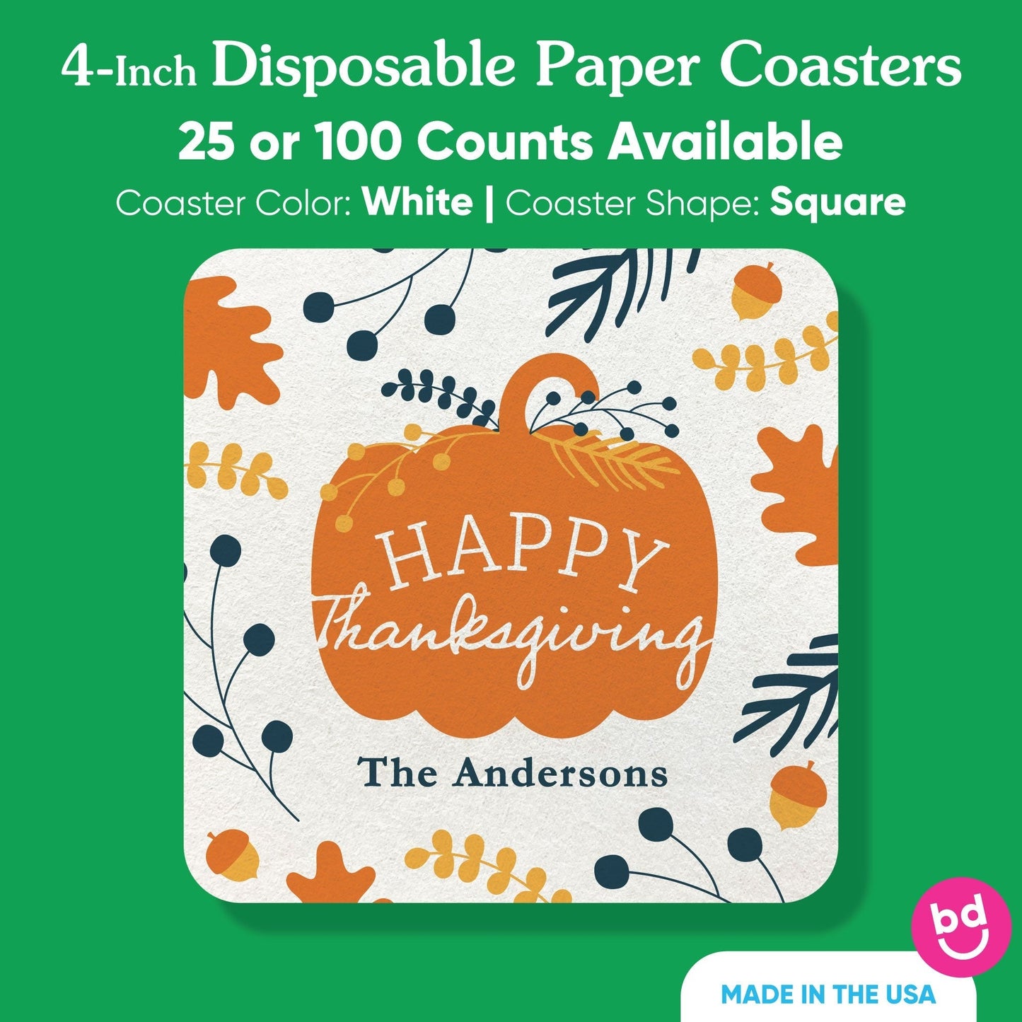 Custom Text Drink Coasters - Happy Thanksgiving - 25 Ct