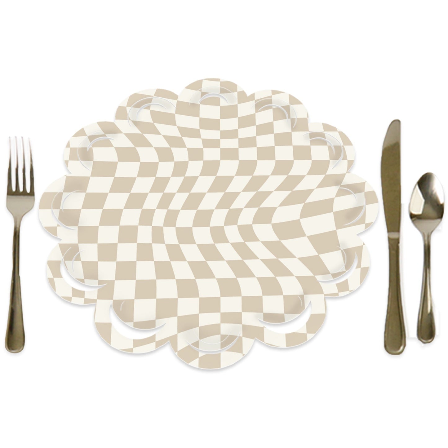 Tan Checkered Party - Round Table Decorations - Paper Chargers - Place Setting For 12