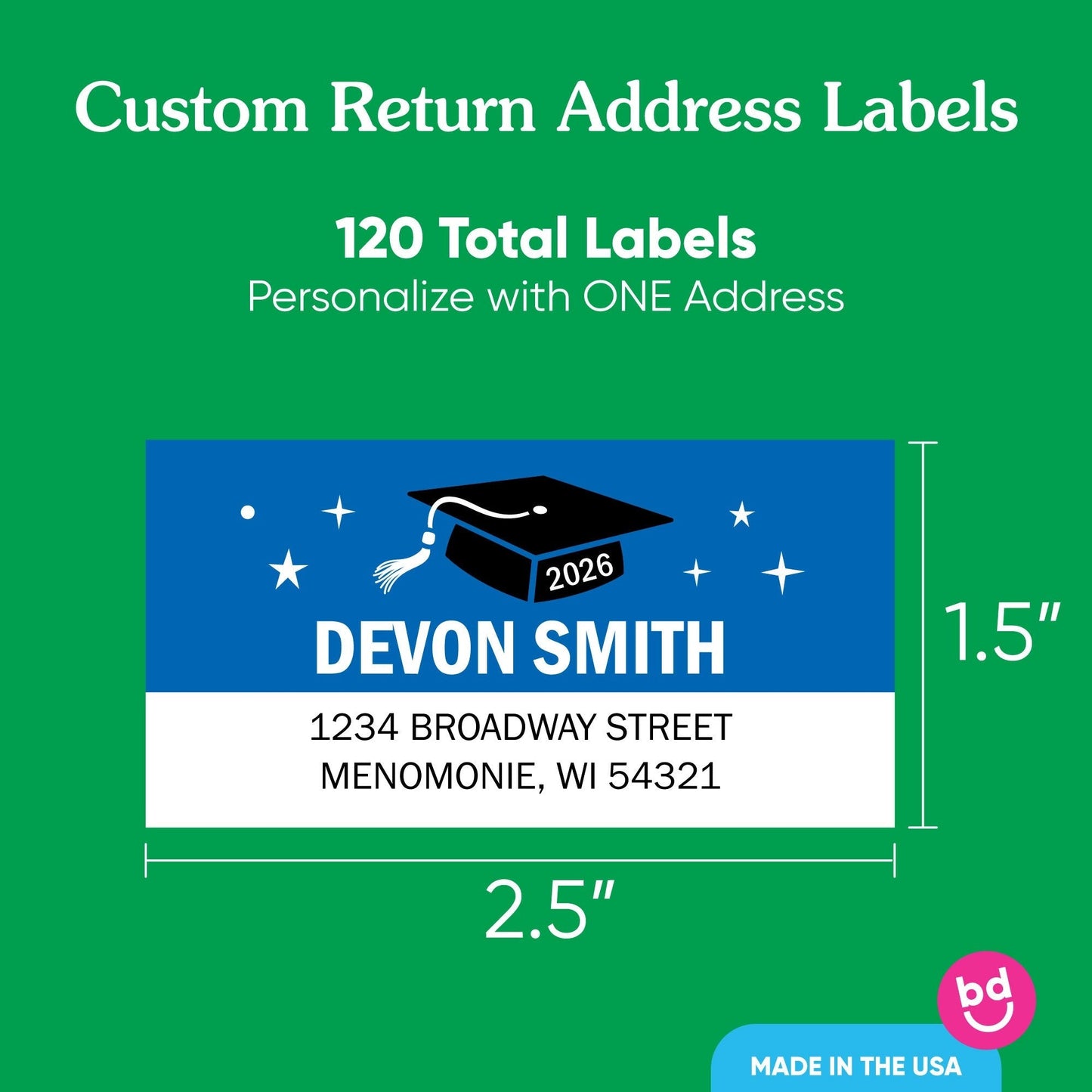 Custom Text Blue Graduation Return Address Labels - 120 Ct