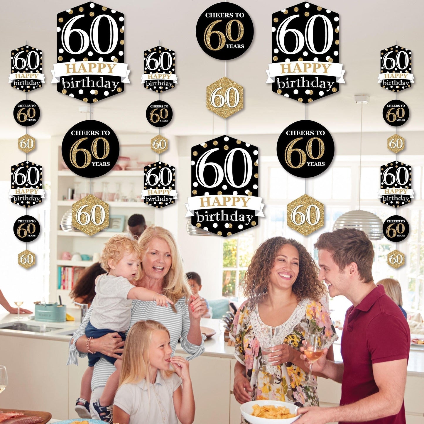 Adult 60th Birthday - Gold - Birthday Party DIY Dangler Backdrop - Hanging Vertical Decorations - 30 Pieces