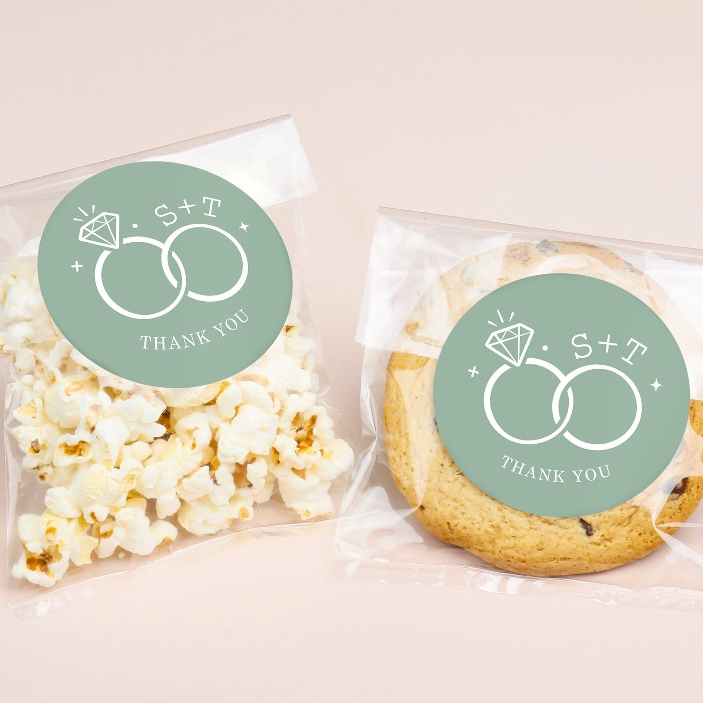 Custom Text Stickers & Clear Cookie Bags - Sage Green Wedding Rings