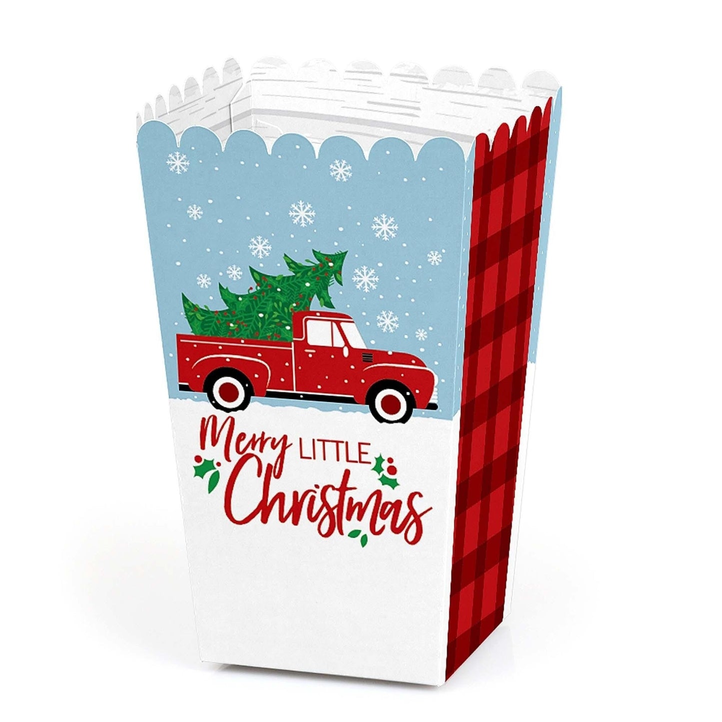 Merry Little Christmas Tree - Red Truck Christmas Party Favor Popcorn Treat Boxes - Set of 12