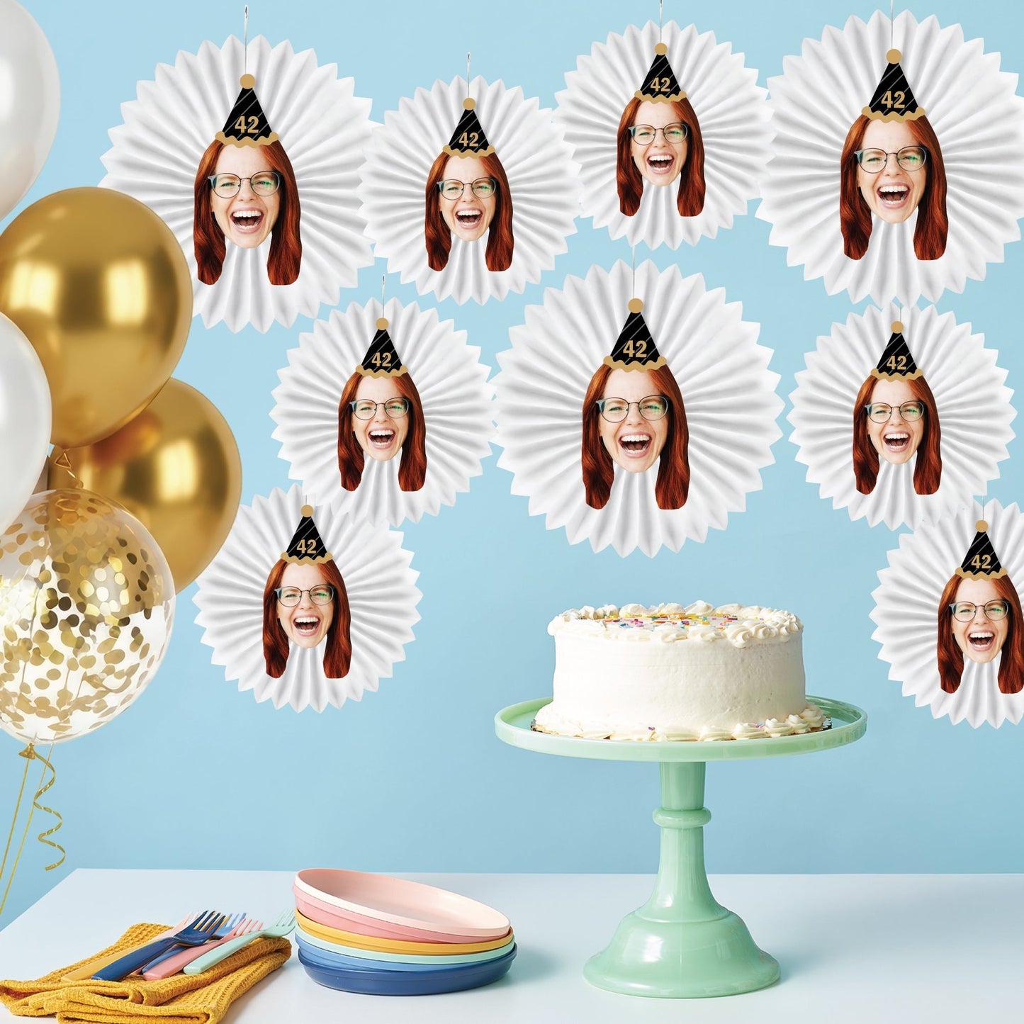 Custom Face Black & Gold Birthday Paper Fans