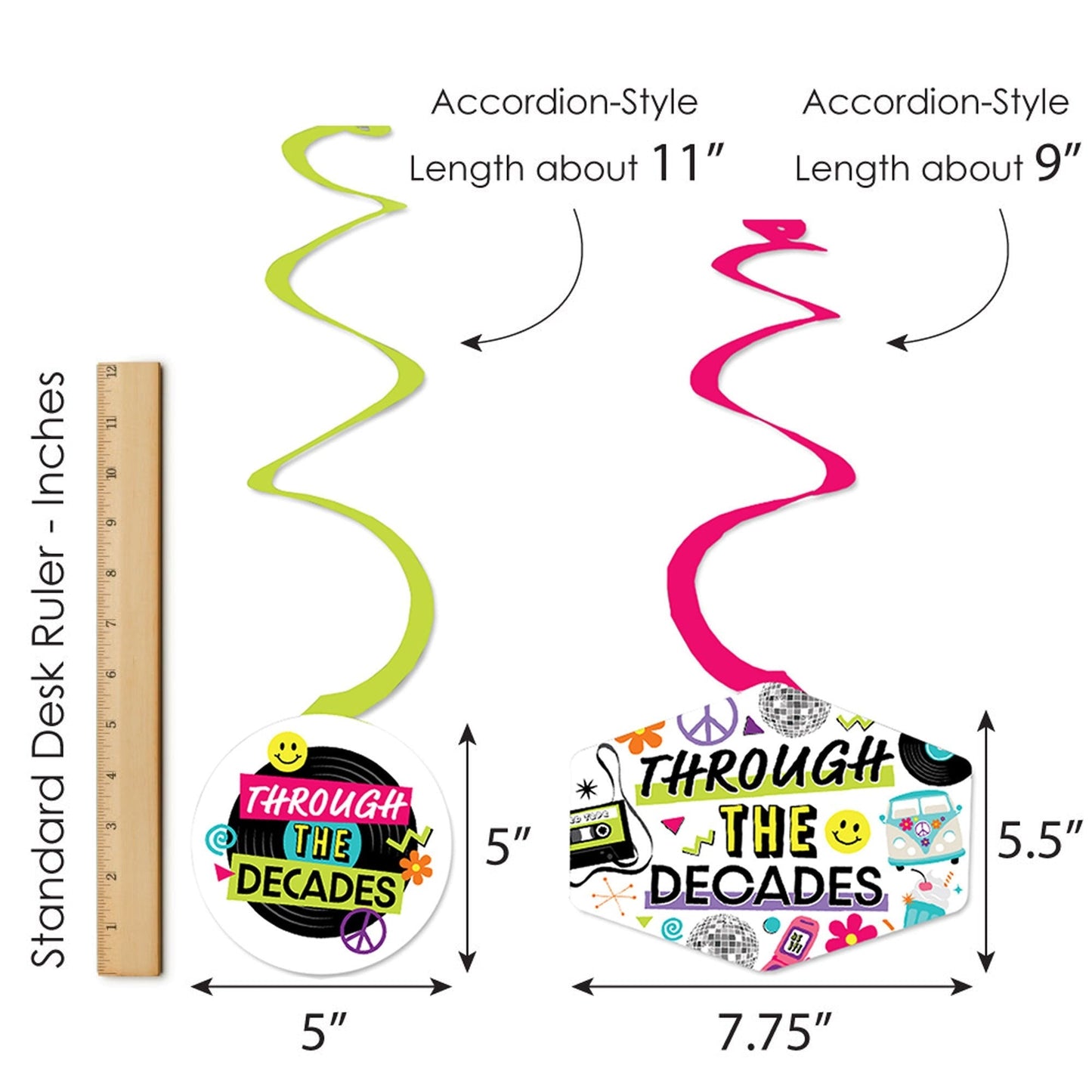 Through the Decades - 50s, 60s, 70s, 80s, and 90s Party Hanging Decor - Party Decoration Swirls - Set of 40