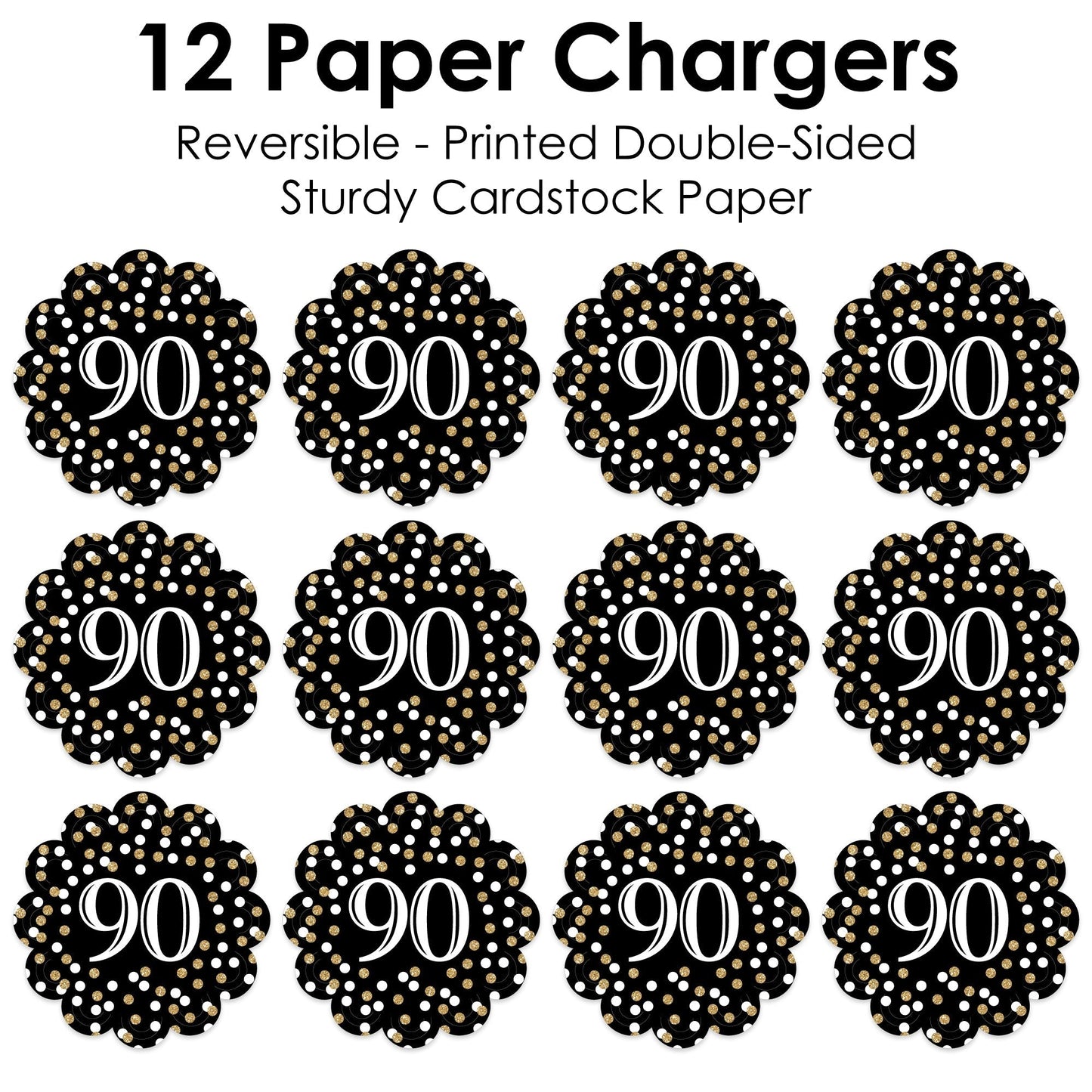 Adult 90th Birthday - Gold - Birthday Party Round Table Decorations - Paper Chargers - Place Setting For 12