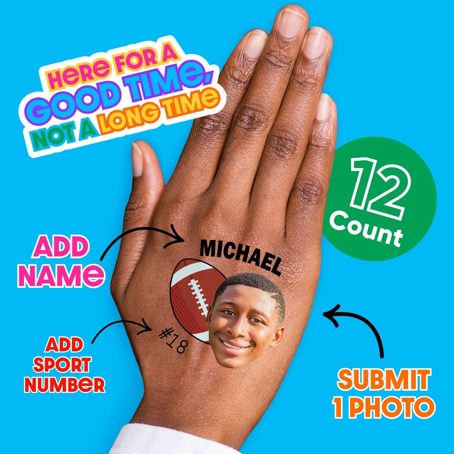 Custom Photo Football Temporary Tattoos - 12 Ct
