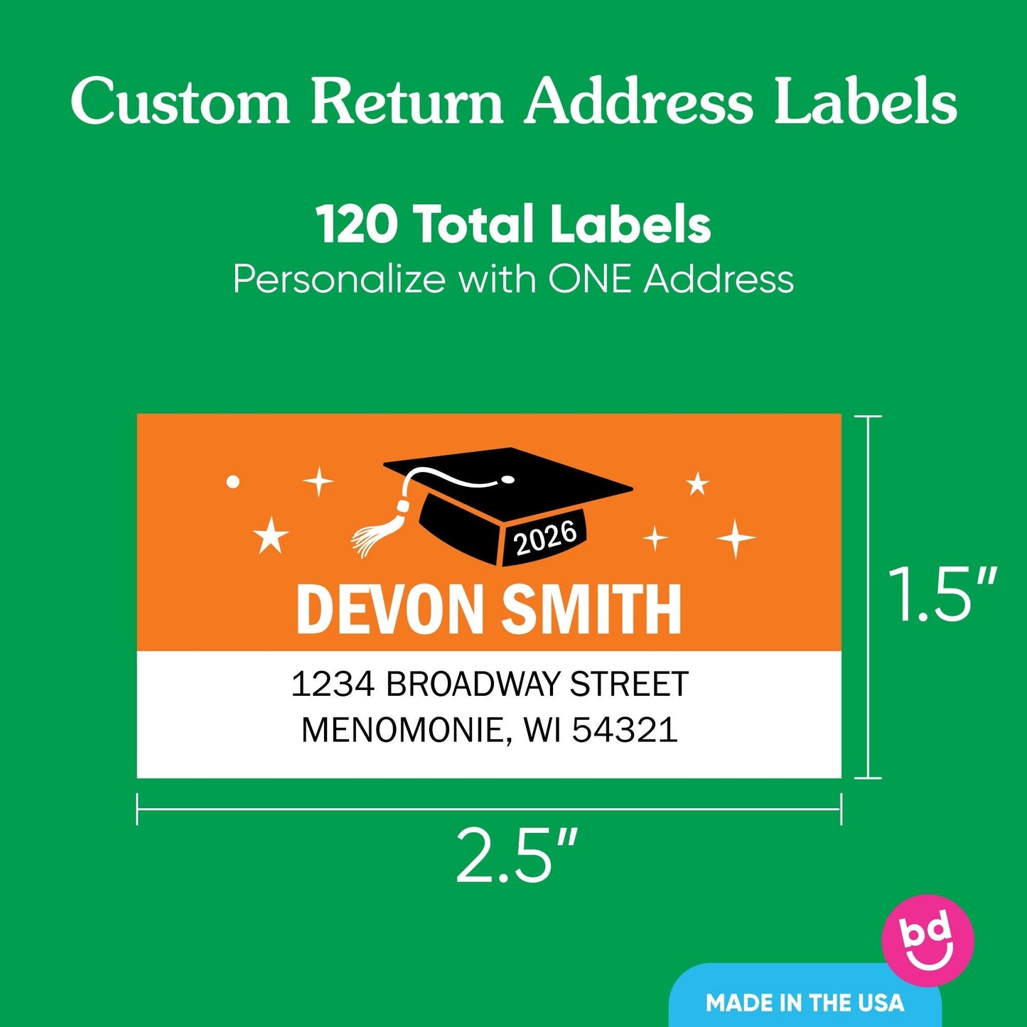 Custom Text Orange Graduation Return Address Labels - 120 Ct