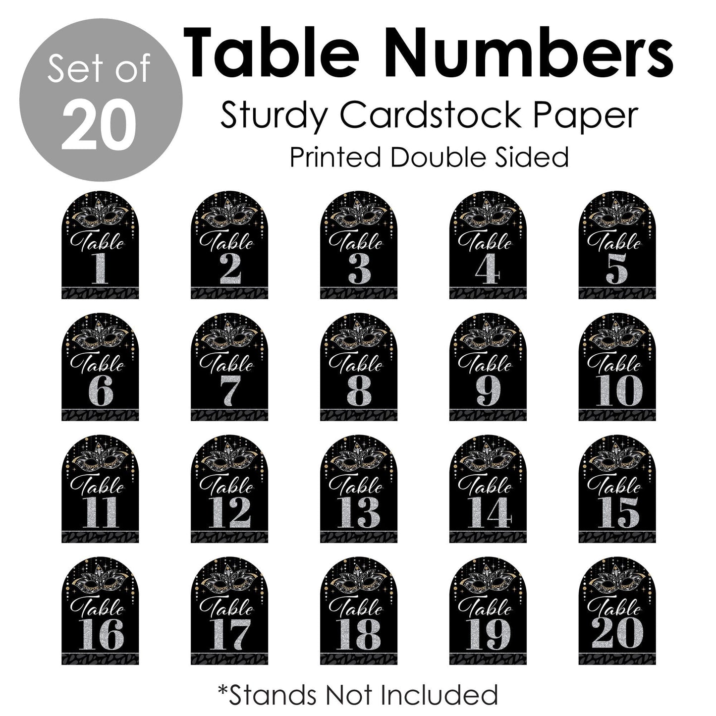 Masquerade - Venetian Mask Party Double-Sided 5 x 7 inches Cards - Table Numbers - 1-20