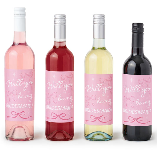 Will You Be My Bridesmaid Pink Bow Wine Bottle Labels - 4 Ct
