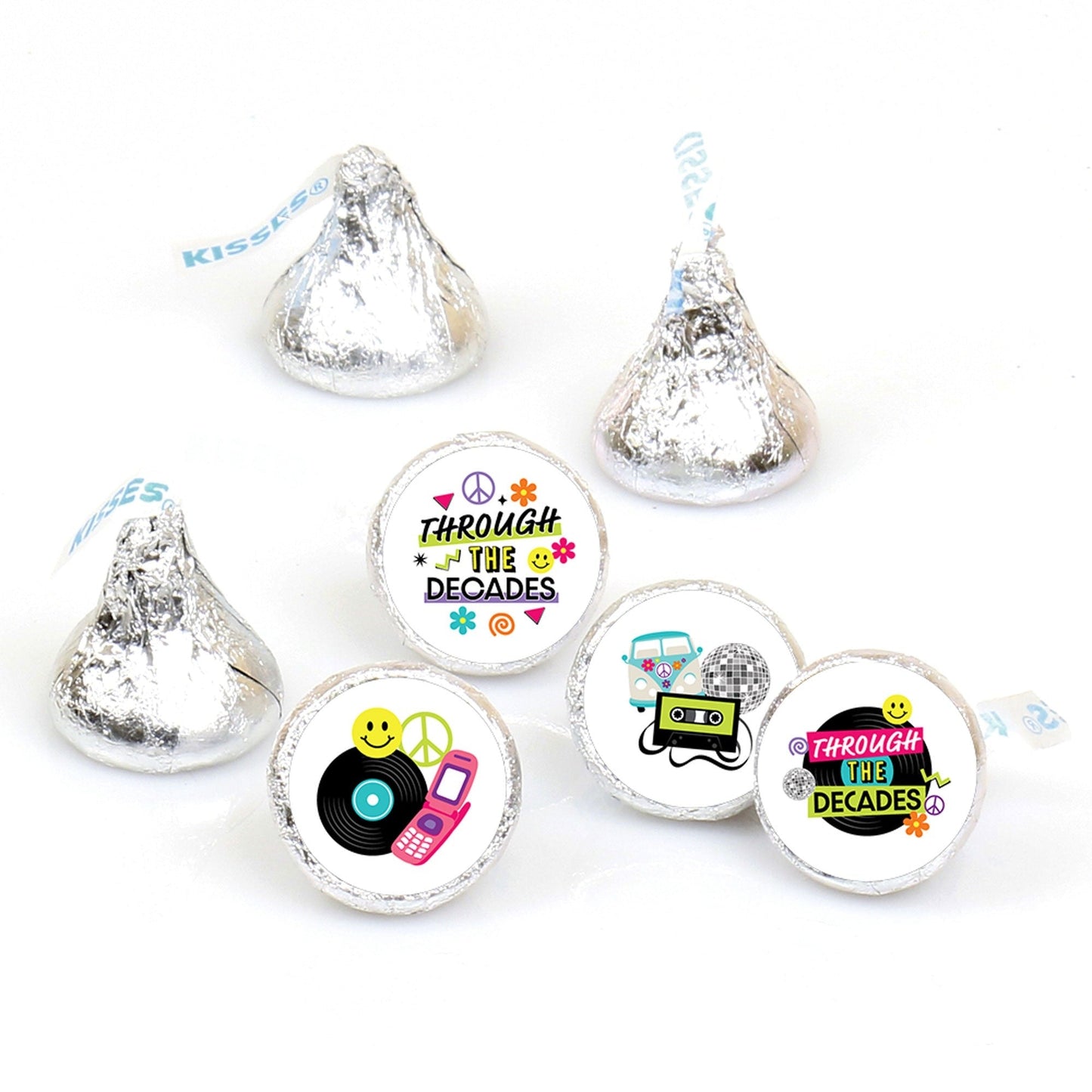 Through the Decades - 50s, 60s, 70s, 80s, and 90s Party Round Candy Sticker Favors - Labels Fit Chocolate Candy (1 sheet of 108)