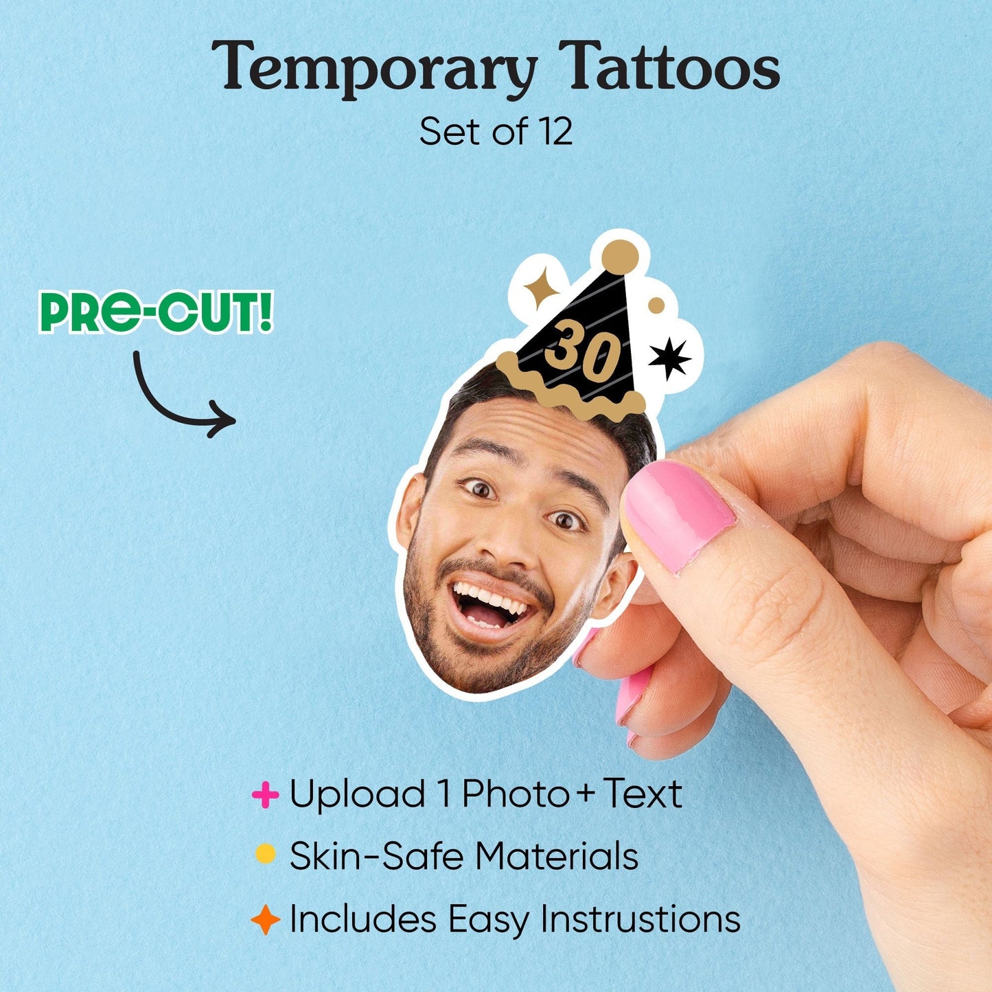 Custom Party Hat Temporary Tattoos - 12 Ct