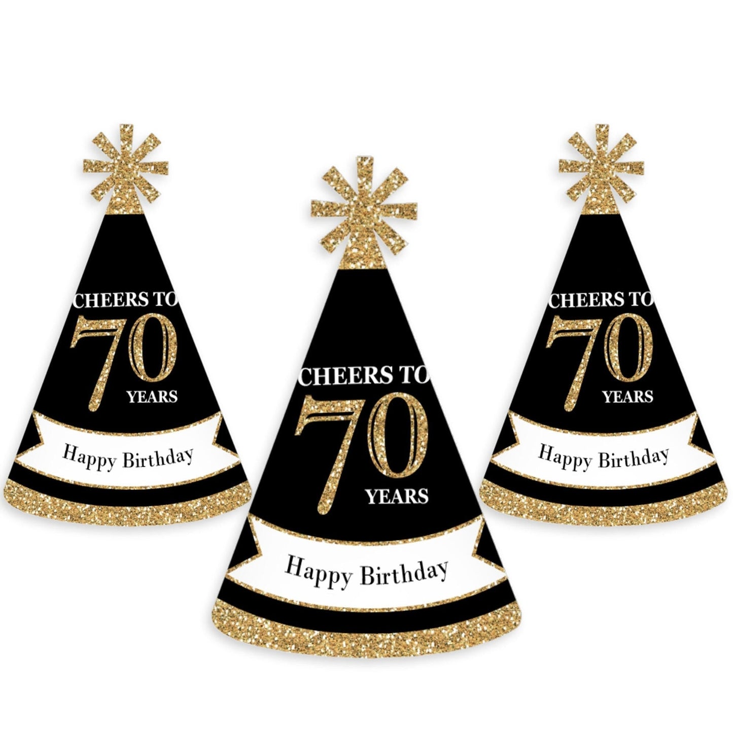 Adult 70th Birthday - Gold - Cone Birthday Party Hats for Adults - Set of 8 (Standard Size)