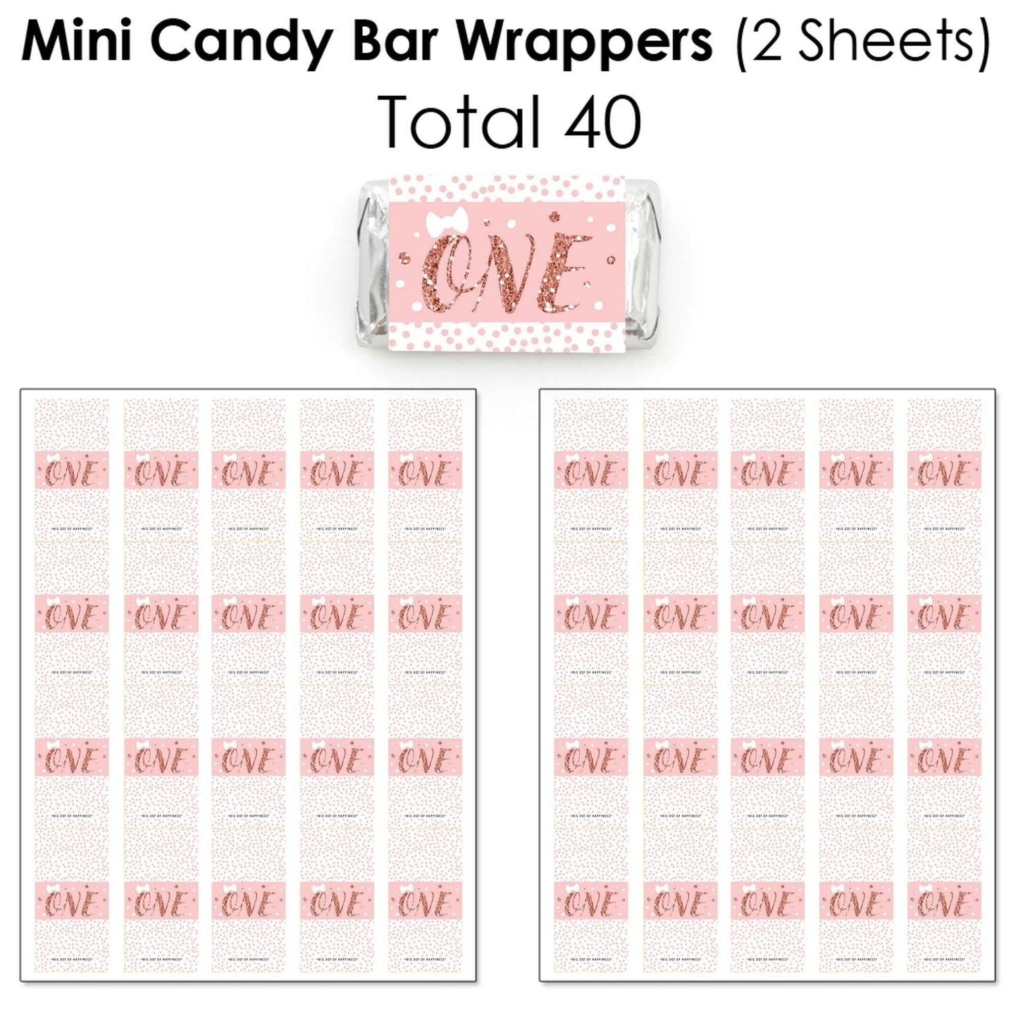 1st Birthday Little Miss Onederful - Mini Candy Bar Wrappers, Round Candy Stickers and Circle Stickers - Girl First Birthday Party Candy Favor Sticker Kit - 304 Pieces