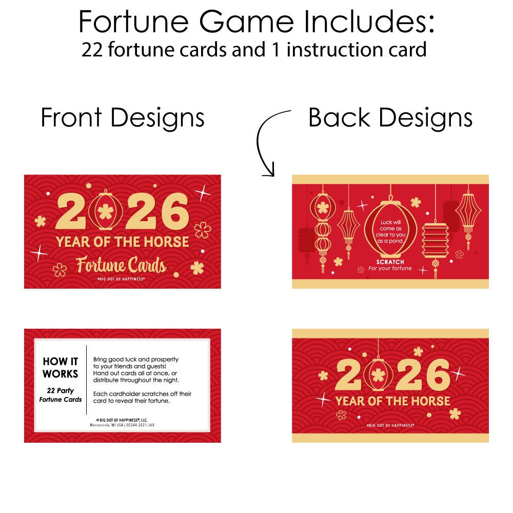 Lunar New Year - 2026 Year of the Horse Game Scratch Off Fortune Cards - 22 Count